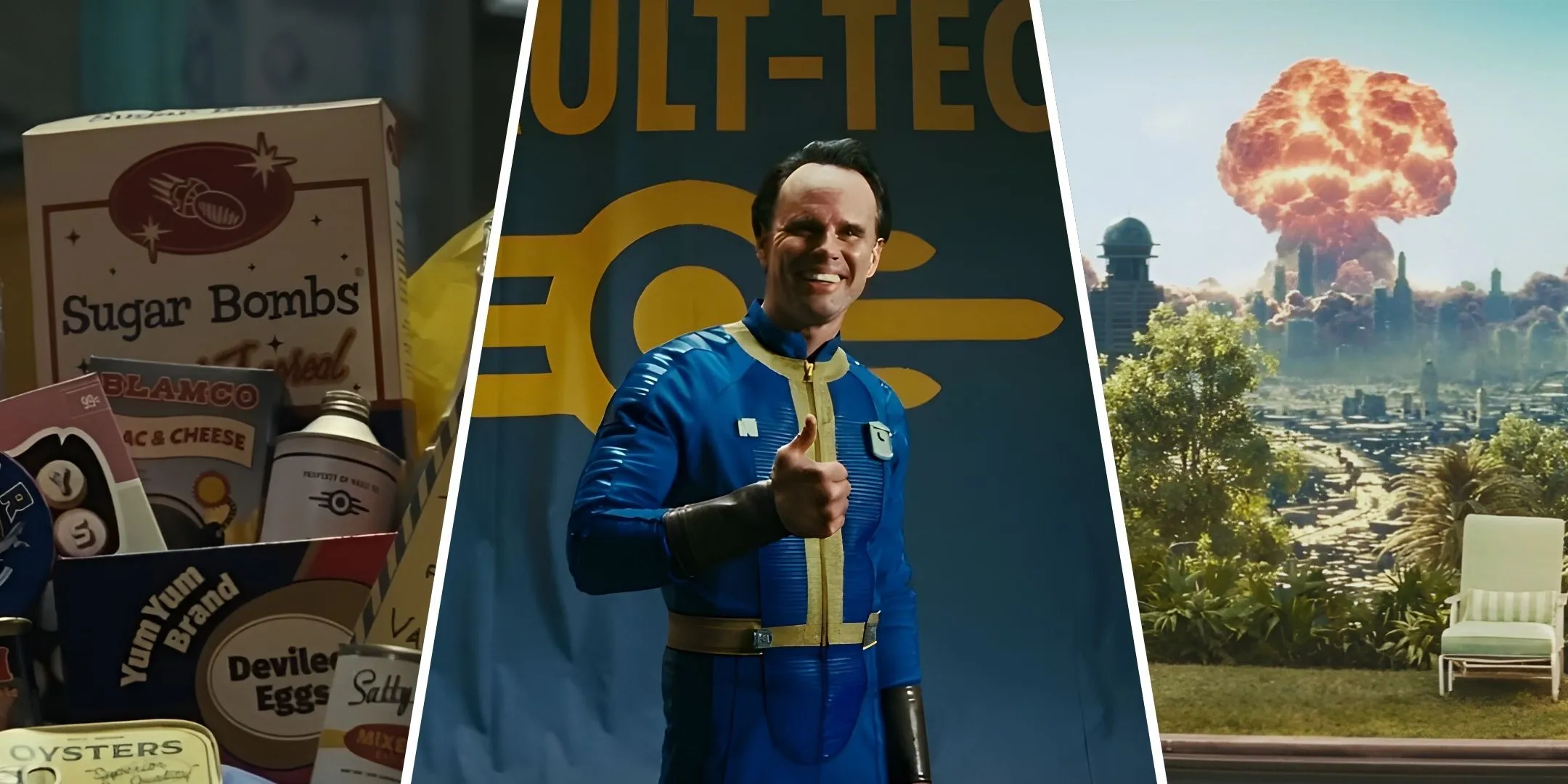 Hình ảnh tổng hợp các biểu tượng Fallout: thức ăn, Vault Boy giơ ngón cái và vụ nổ hạt nhân.