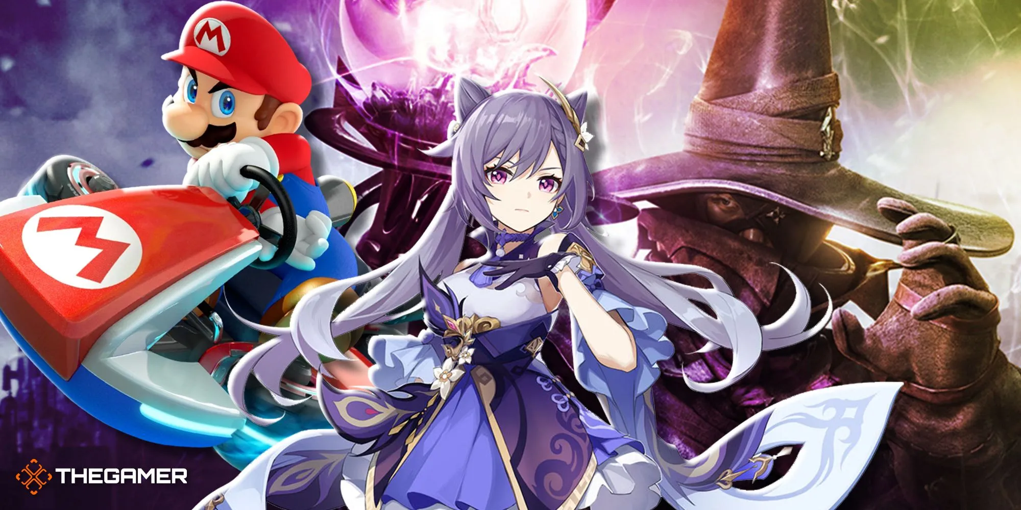 Hình ảnh tổng hợp các tựa game Genshin Impact, Final Fantasy 14 và Mario Kart 8 Deluxe minh họa cho trải nghiệm game online.