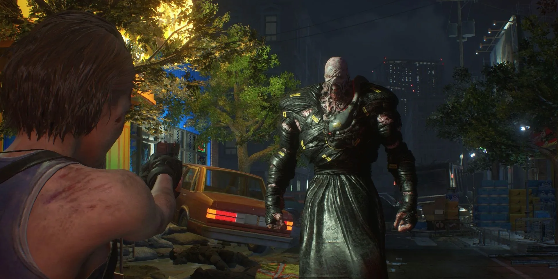Jill Valentine dũng cảm đối đầu với Nemesis khổng lồ trên đường phố Raccoon City đầy đổ nát trong Resident Evil 3 Remake.