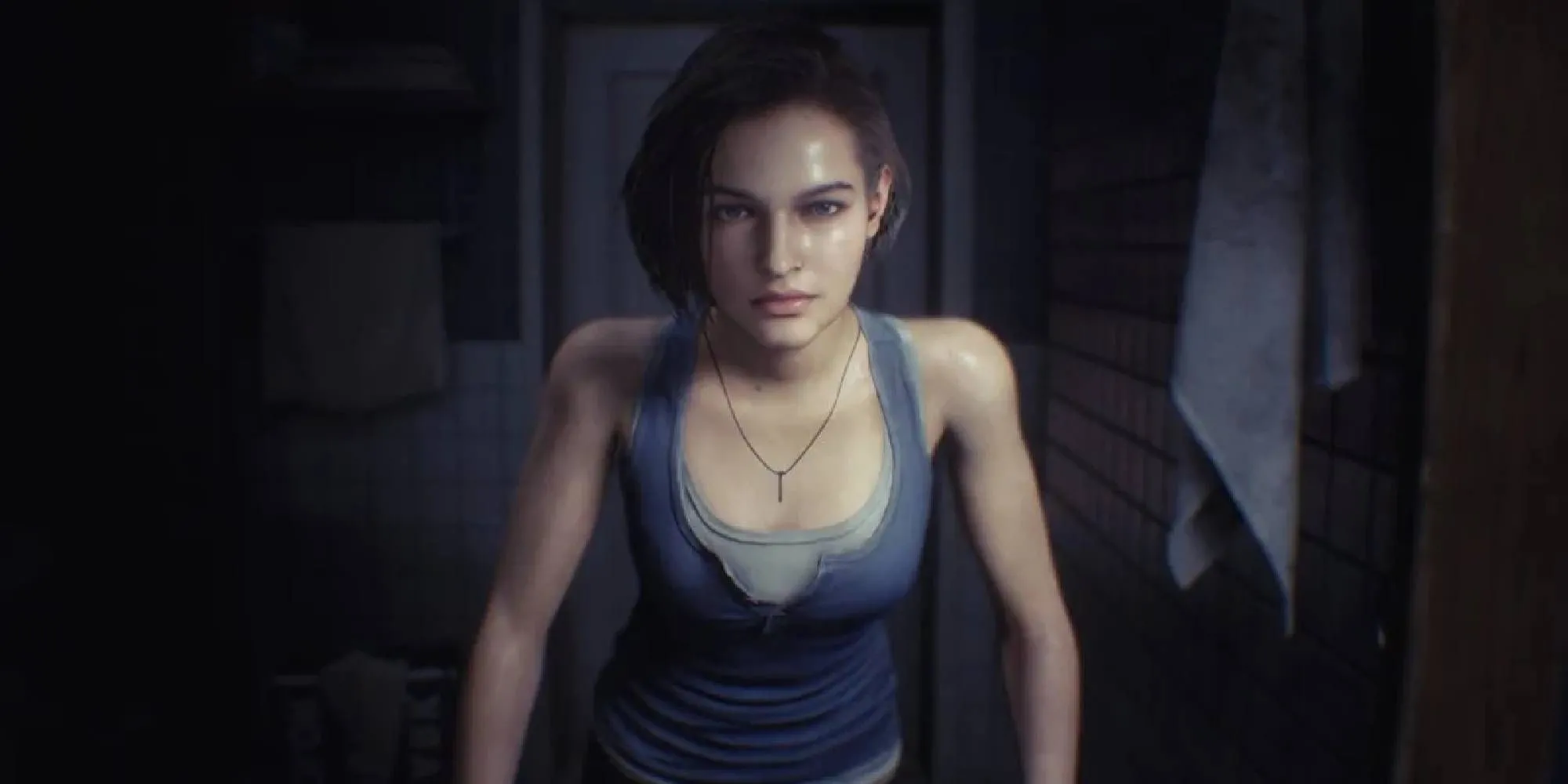 Jill Valentine nhìn vào gương trong căn hộ của mình, thể hiện sự đa diện giữa một người sống sót và nữ anh hùng hành động trong Resident Evil 3 Remake.