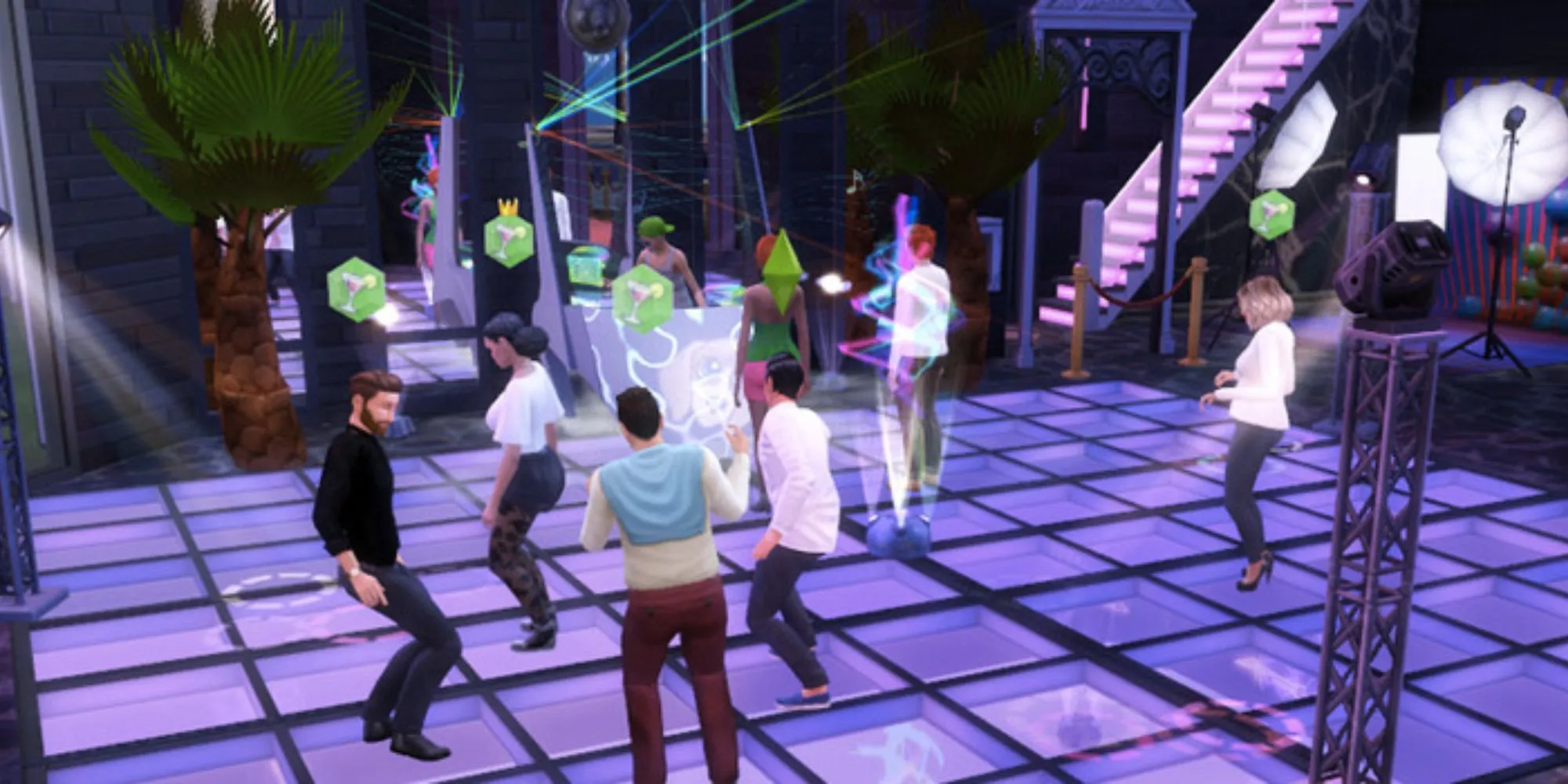 Không gian nội thất sôi động của The Muckery Nightclub tại Windenburg, với sàn nhảy và quầy bar trong The Sims 4.