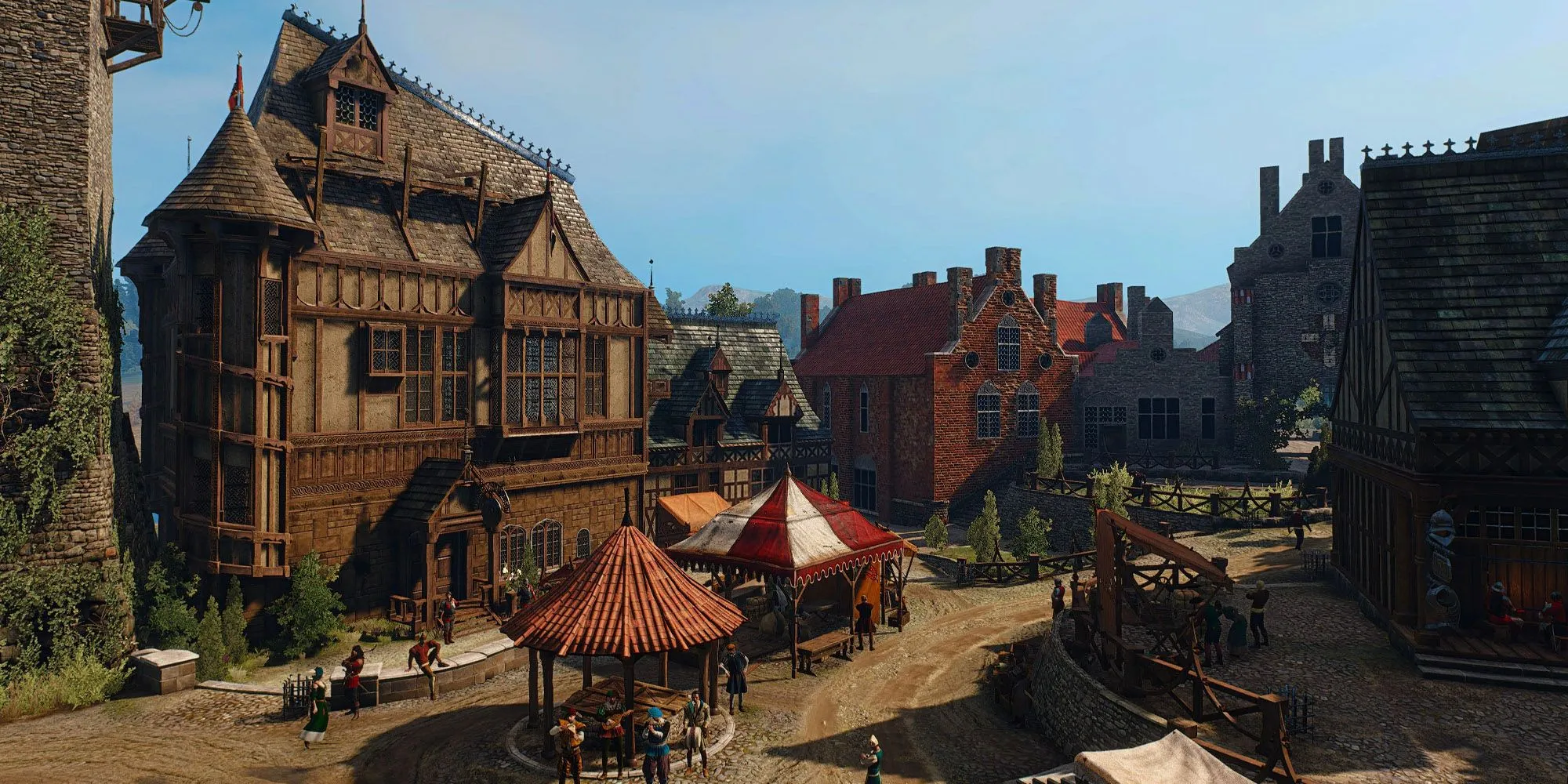 Khu chợ sầm uất tại Oxenfurt, một trung tâm học thuật của thế giới The Witcher 3.