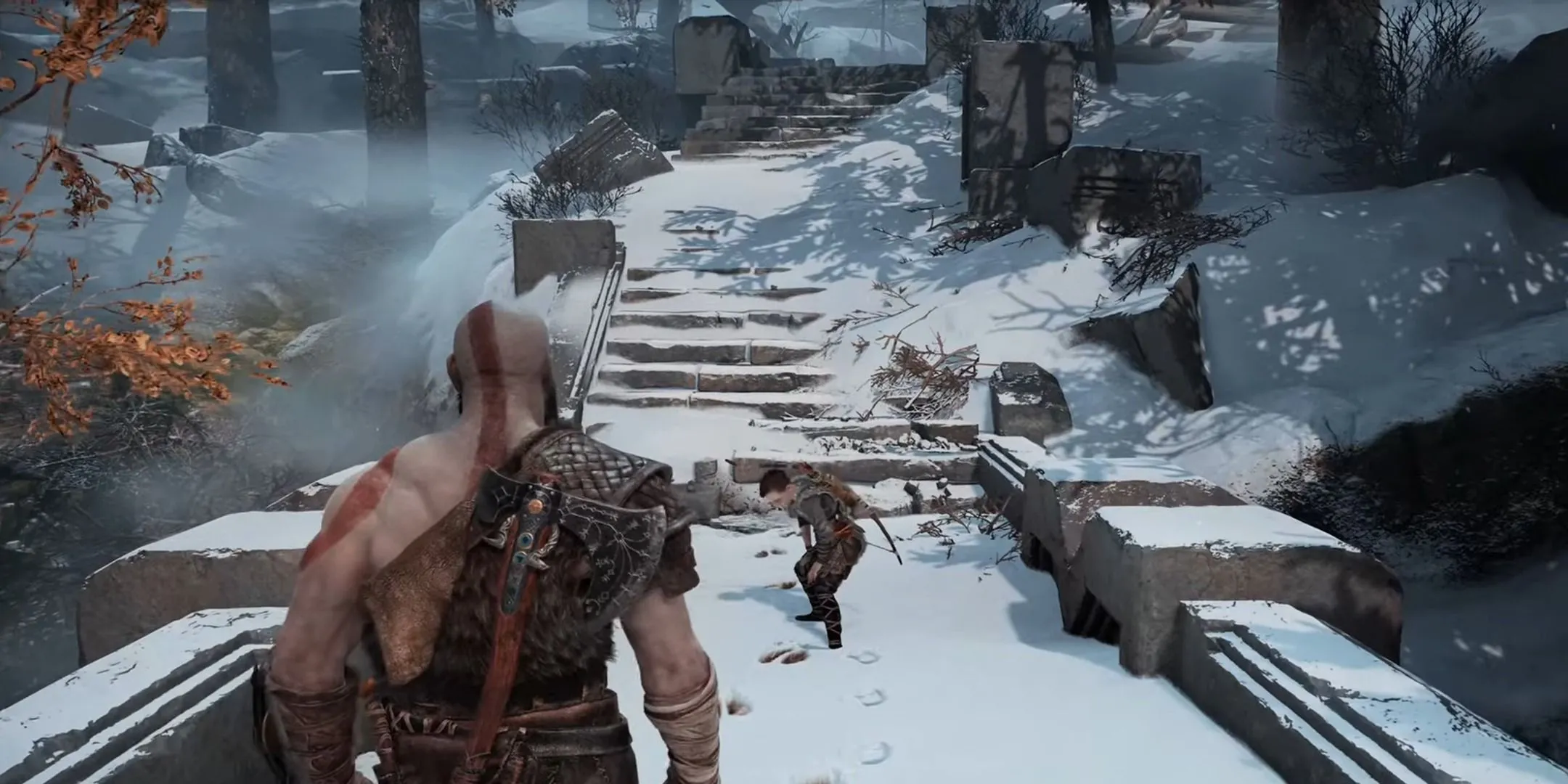 Kratos và Atreus đang đi săn trong rừng, từ God of War (2018)