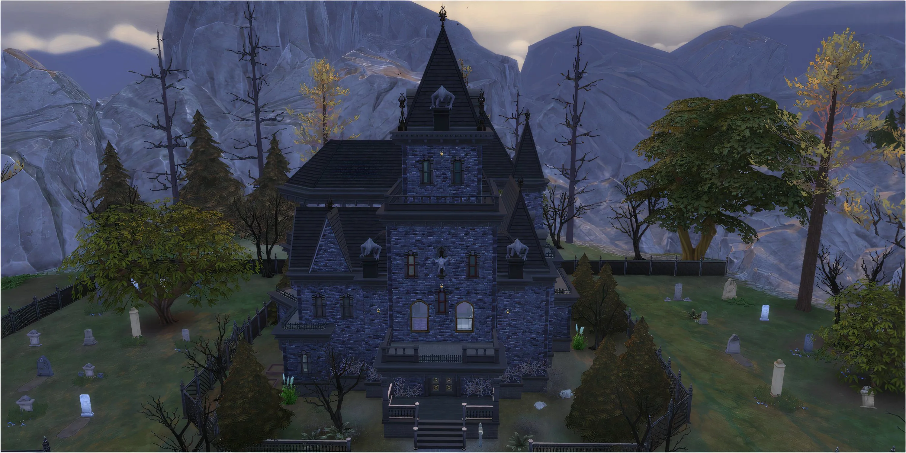 Lâu đài Gothic bí ẩn Straud Mansion, dinh thự của ma cà rồng bá tước Vladislaus Straud tại Forgotten Hollow trong The Sims 4.