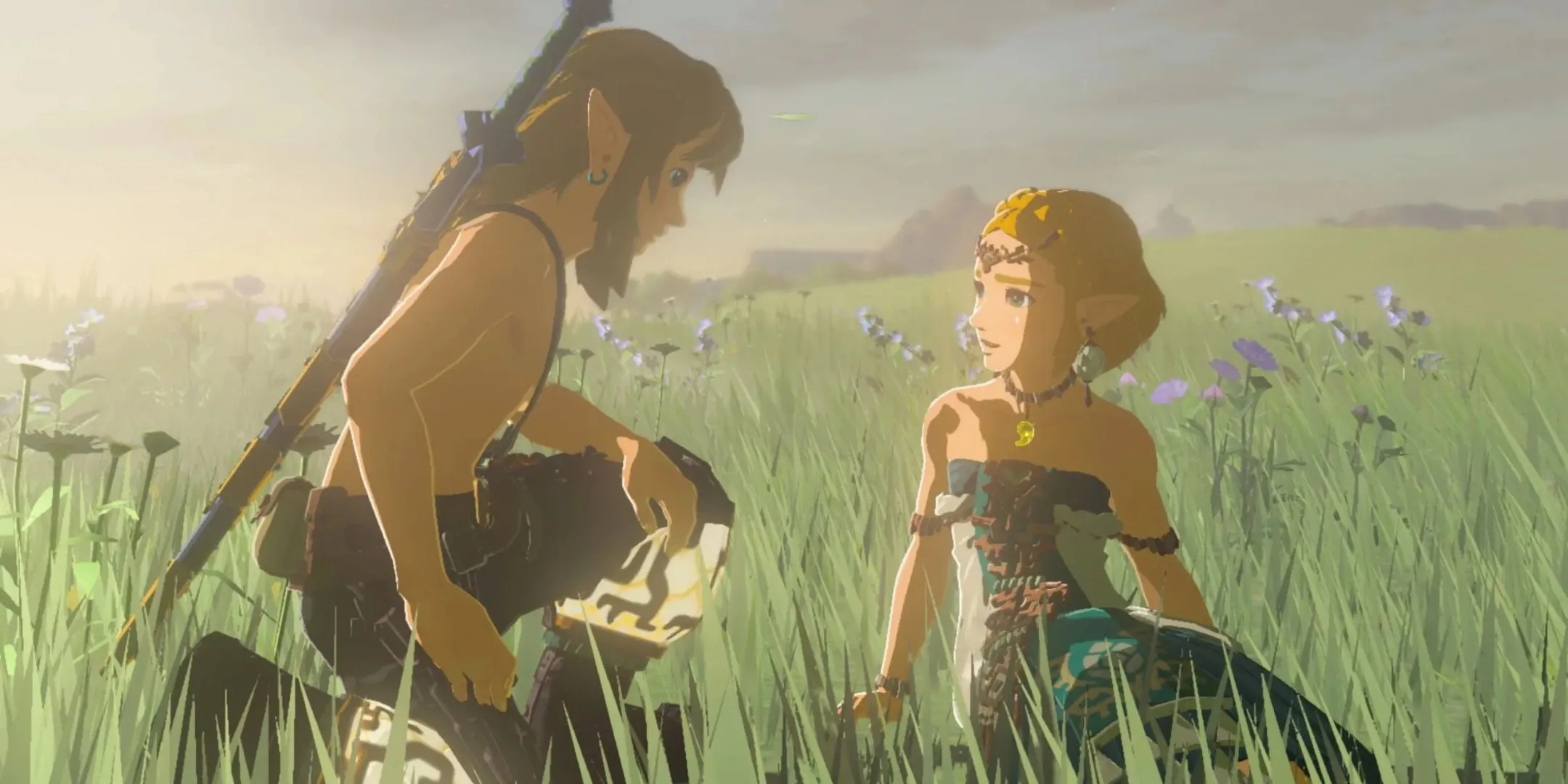 Link quỳ gối bên cạnh Zelda trong cánh đồng hoa, từ game Tears of the Kingdom
