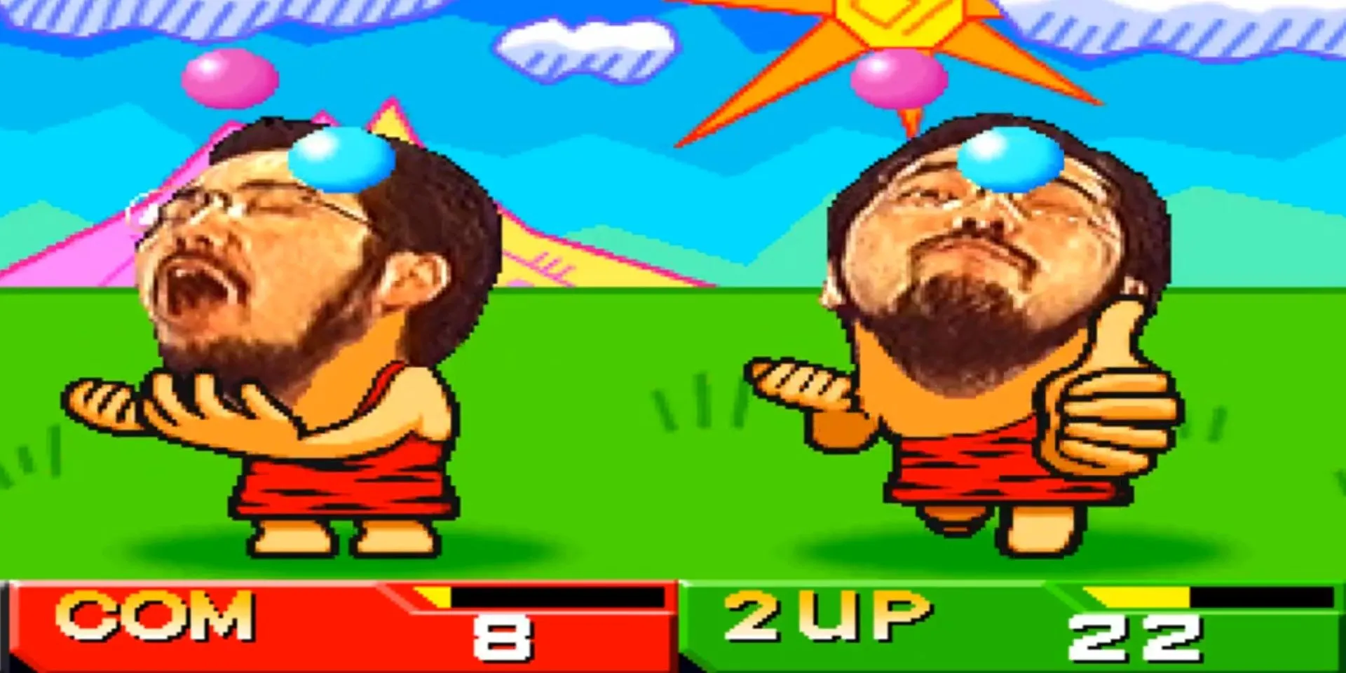 Màn hình hiển thị một mini-game đầy màu sắc và khó hiểu trong bộ sưu tập game Bishi Bashi Special trên PS1