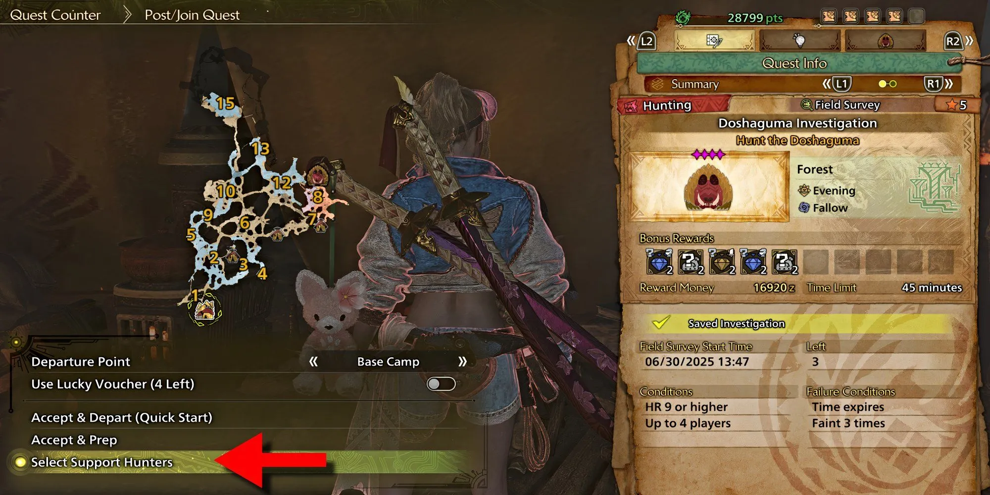 Màn hình lựa chọn Support Hunter trước khi bắt đầu nhiệm vụ trong Monster Hunter Wilds, cho phép người chơi tùy chỉnh đội hình đồng hành