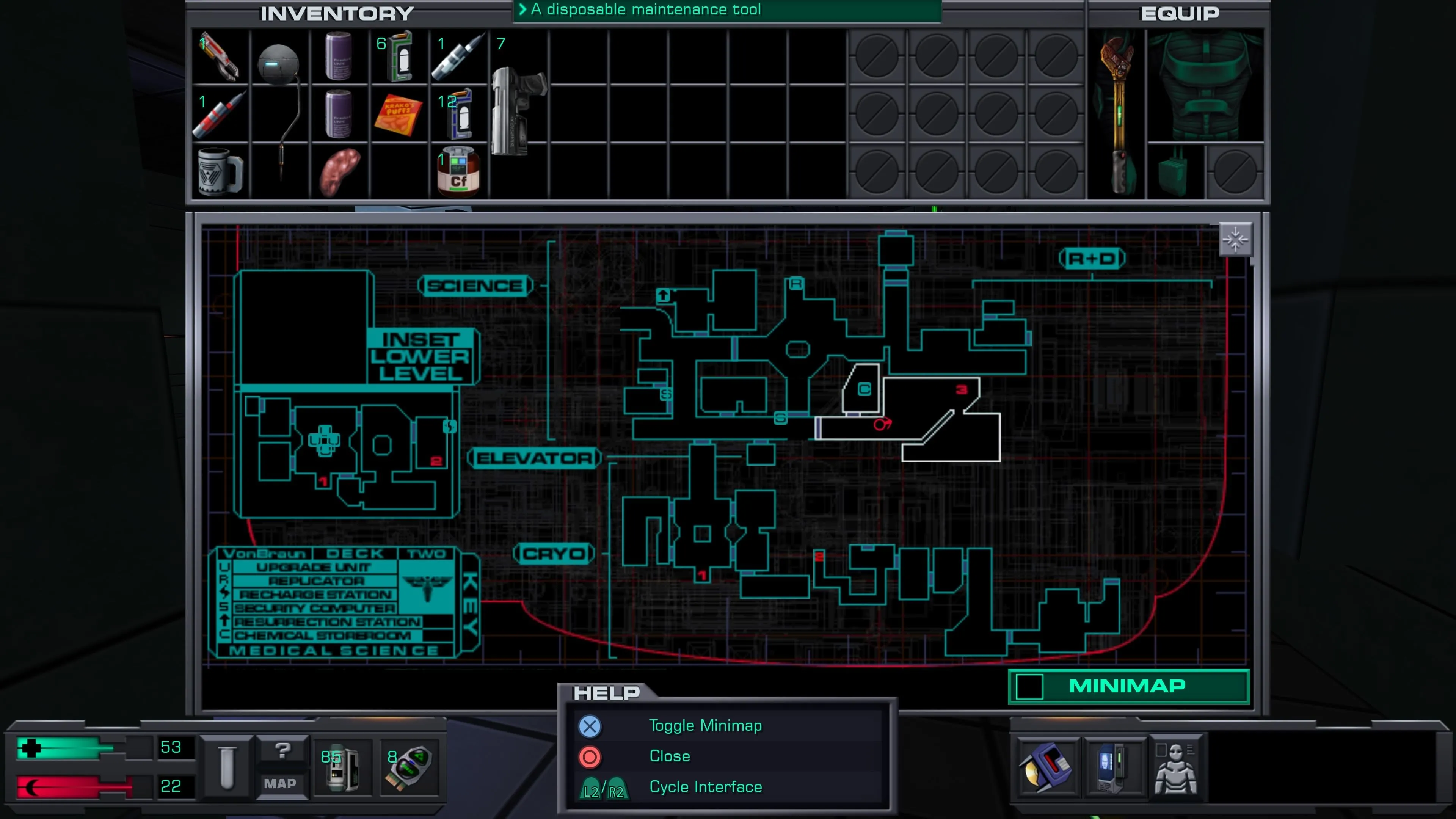 Màn hình quản lý vật phẩm và menu trong game System Shock 2 Remaster.