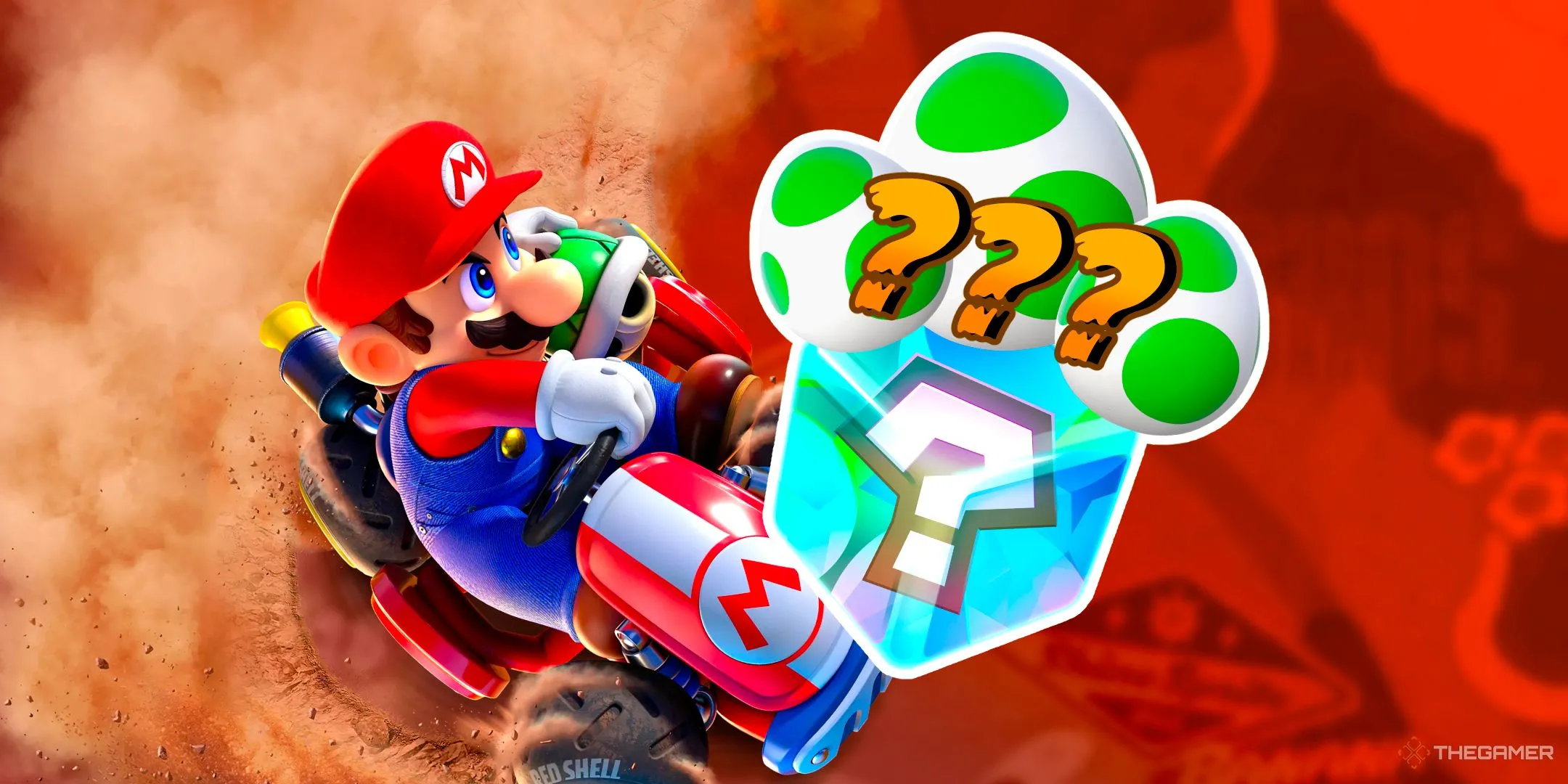 Mario điều khiển Kart tiêu chuẩn gần Hộp vật phẩm trong Mario Kart World