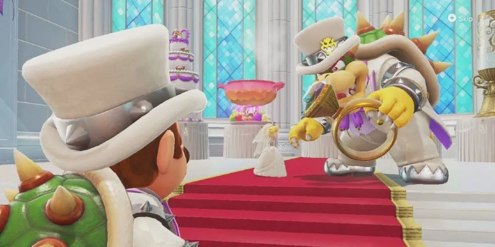 Mario đứng nhìn Bowser và Công chúa Peach trong cảnh cưới từ Super Mario Odyssey