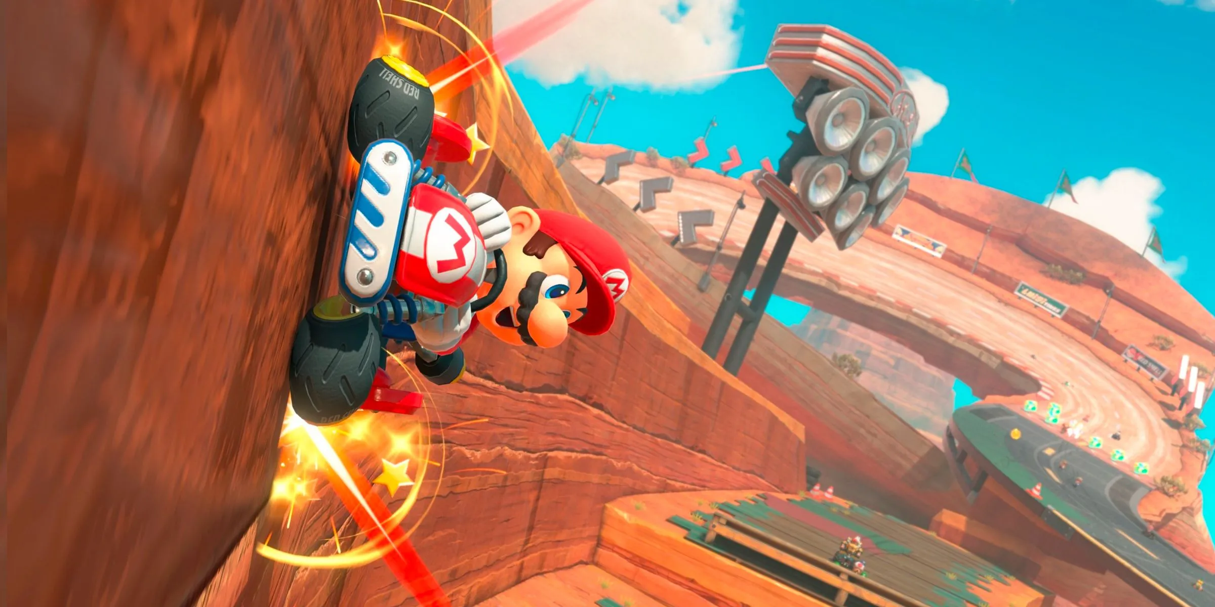 Mario lái xe trên tường, tận dụng môi trường đường đua trong Mario Kart World