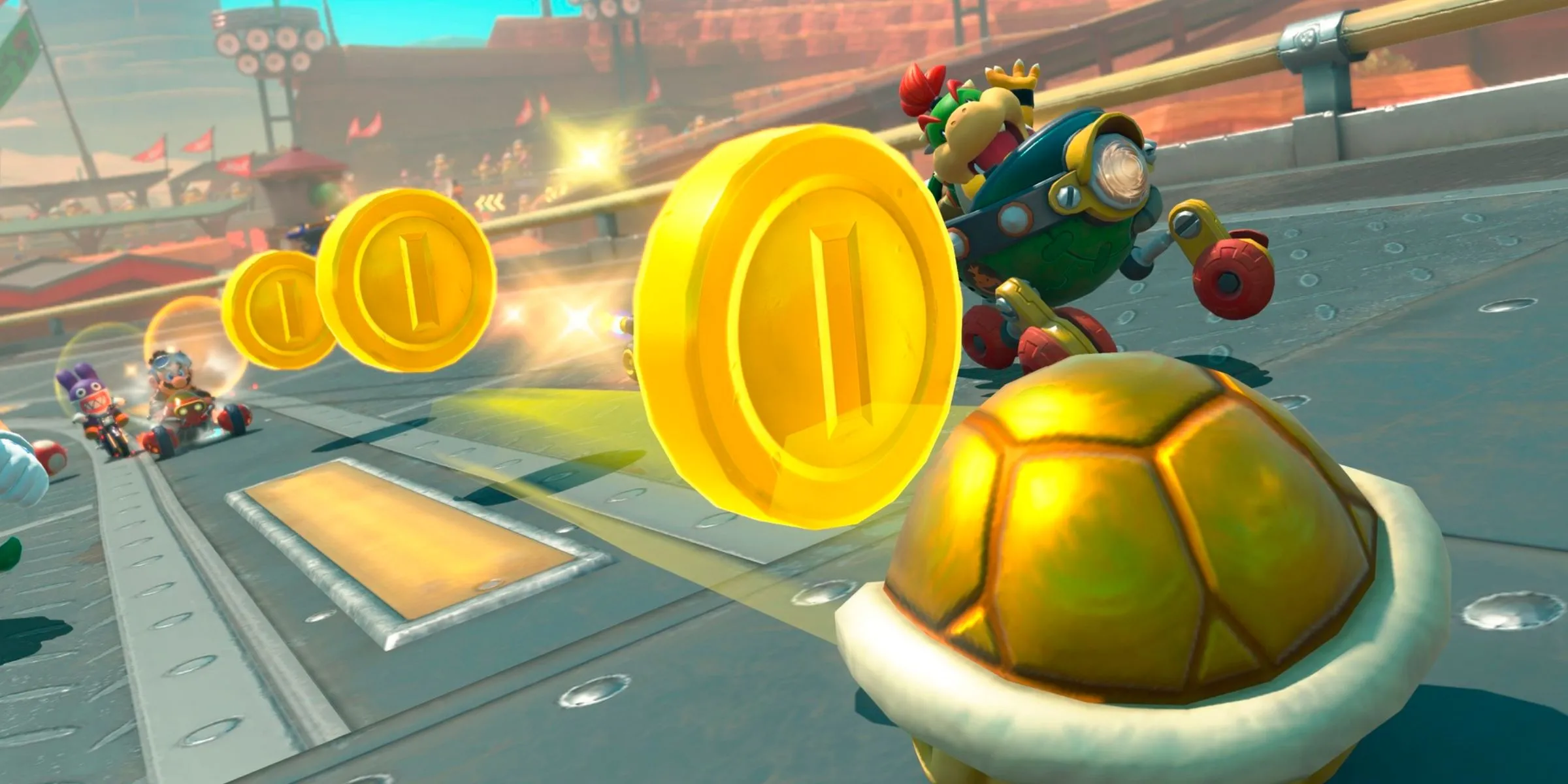 Mario sử dụng Vật phẩm Vỏ Xu tấn công Bowser Jr. trên đường đua Mario Bros. Circuit