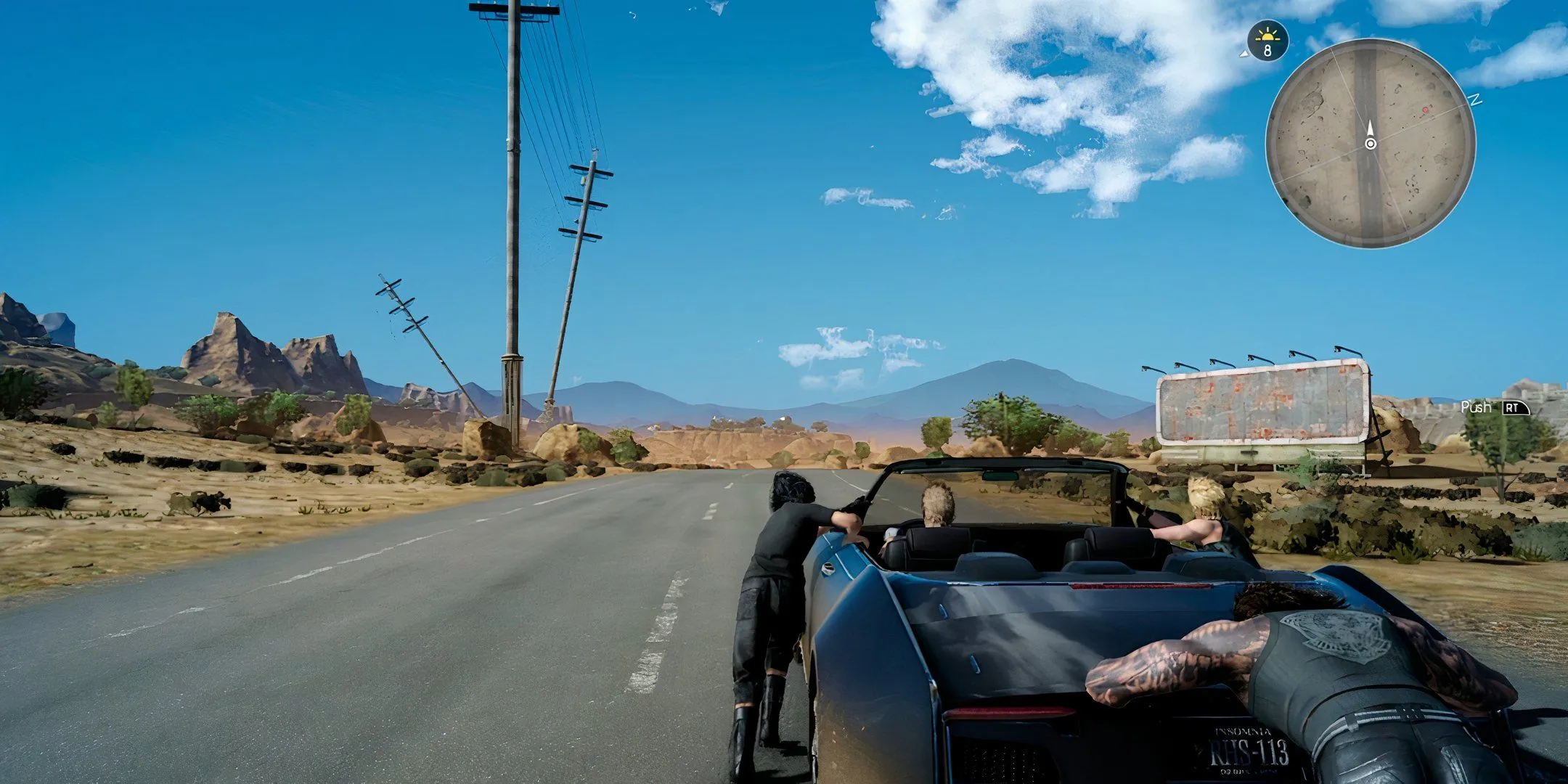 Mở đầu Final Fantasy 15 với các nhân vật chính đẩy chiếc ô tô.