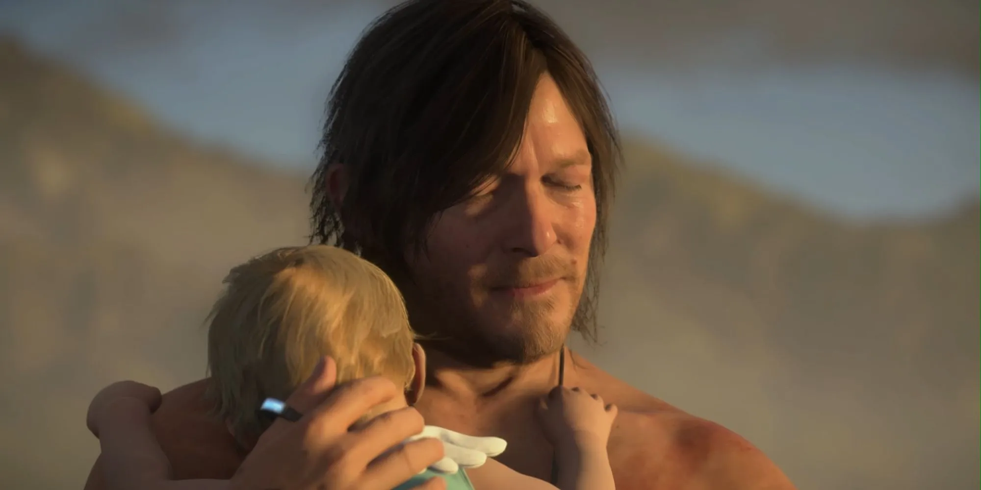 Mô tả cảnh trong game Death Stranding 2, có thể là Sam Bridges với BB Lou hoặc một nhân vật khác trong bối cảnh hậu tận thế.