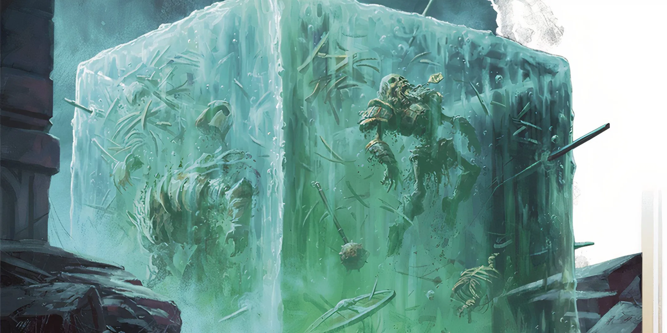Một khối Gelatinous Cube trong hầm ngục D&amp;D, chứa xương cốt bên trong.