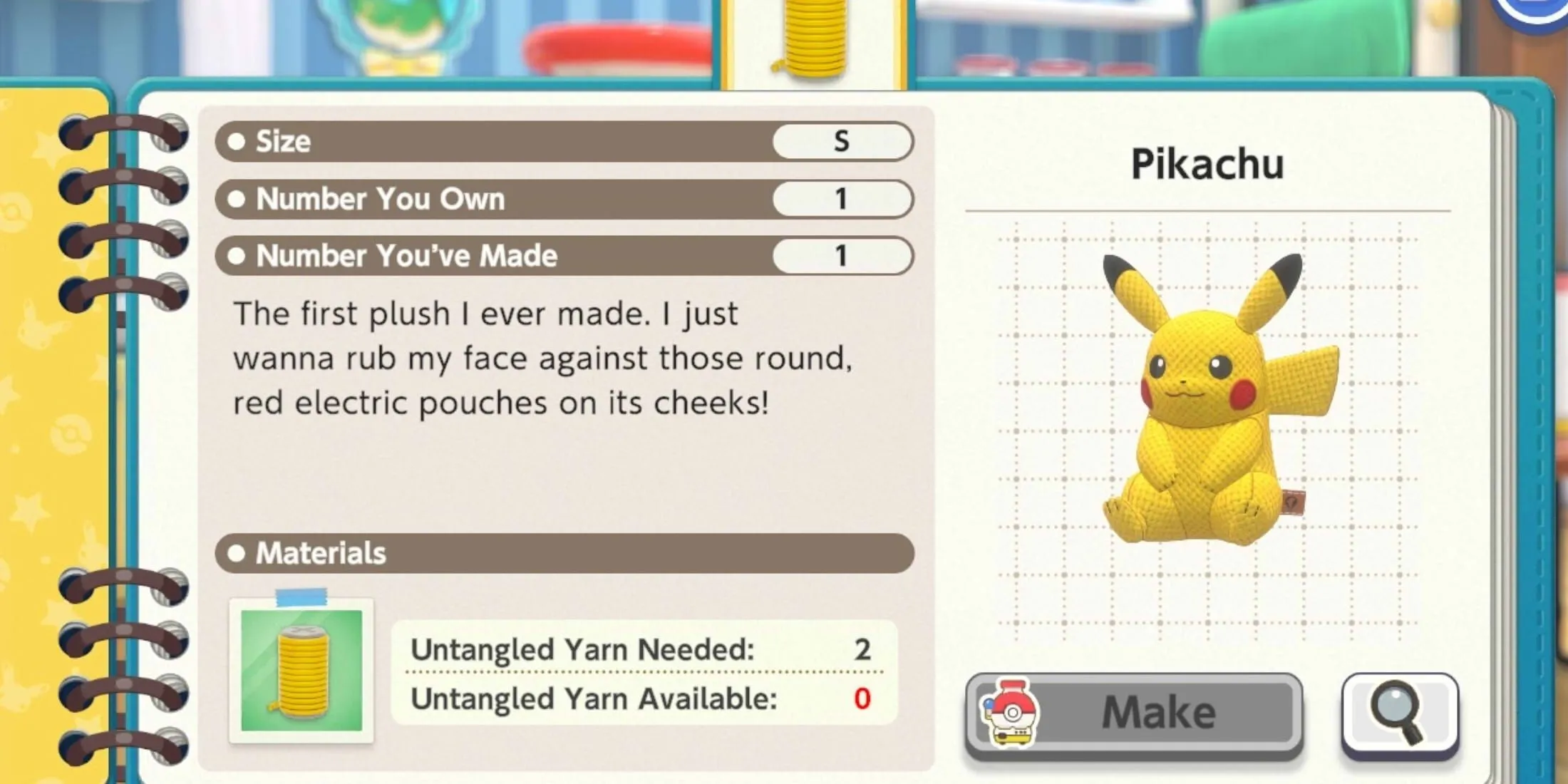 Một trong những mẫu thú nhồi bông đầu tiên mà người chơi có thể tạo ra trong Pokemon Friends, điển hình là thú nhồi bông Pikachu dễ thương.