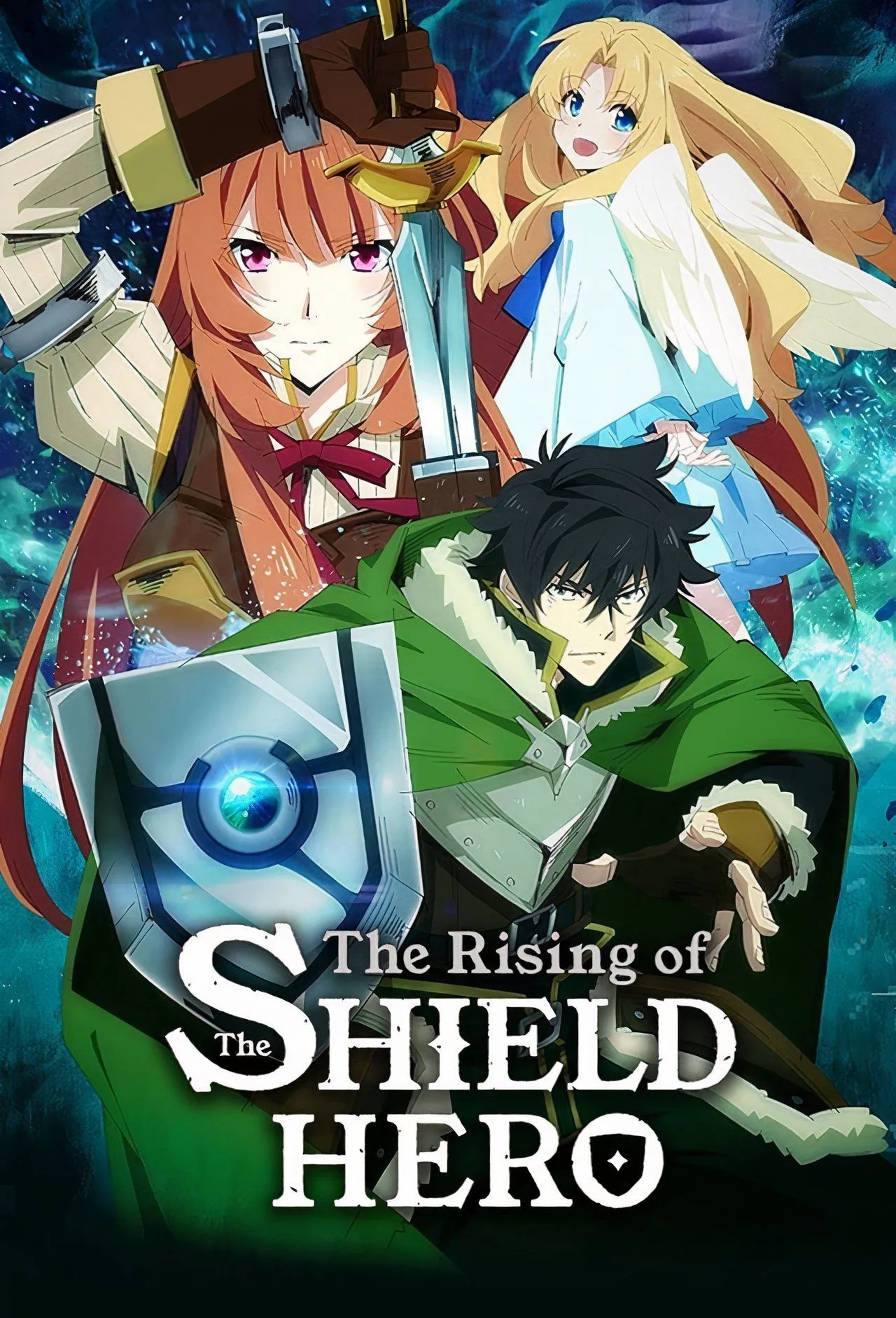 Naofumi trong trang phục Hiệp sĩ Khiên và hai đồng đội chính của The Rising of the Shield Hero