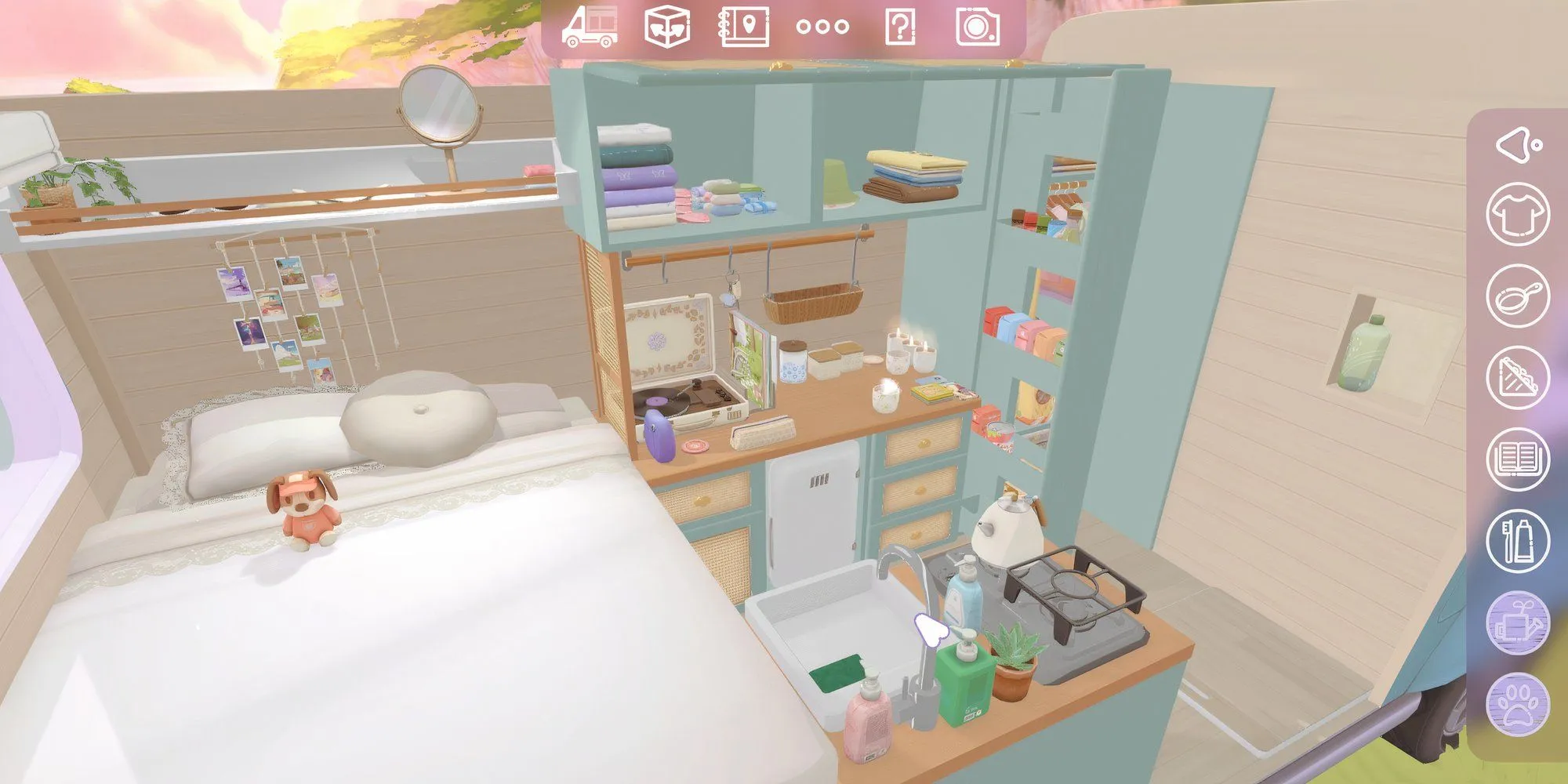 Ngăn bếp được sắp xếp gọn gàng trong chiếc camper van của game Camper Van Make it Home