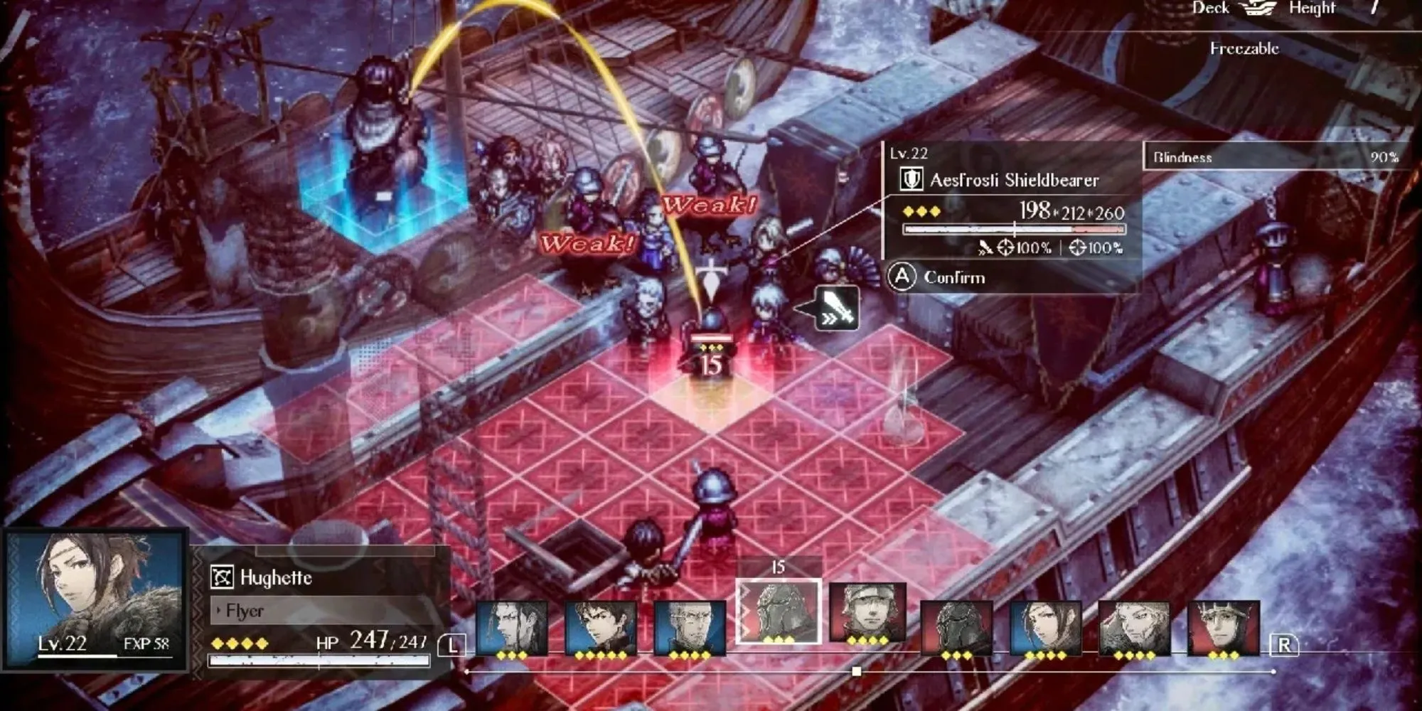 Người chơi điều khiển các nhân vật chiến đấu trên bản đồ theo ô vuông trong game Triangle Strategy
