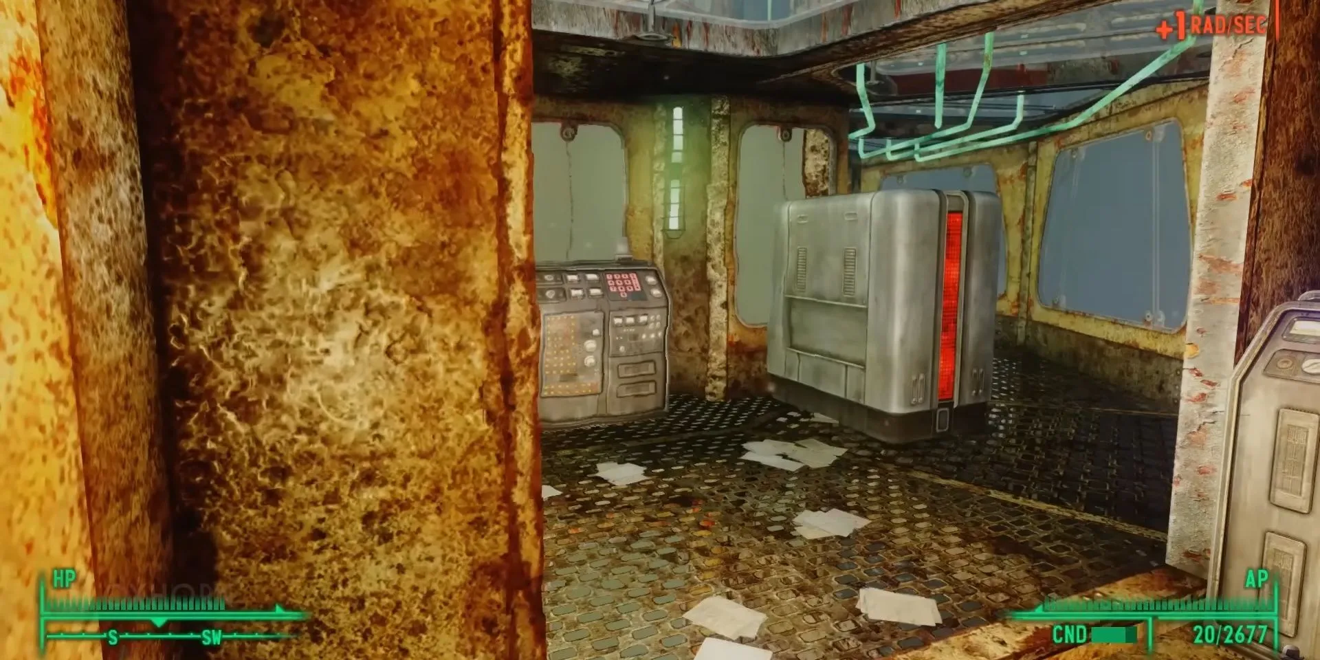 Người chơi tiến vào phòng điều khiển Project Purity đầy phóng xạ trong Fallout 3.
