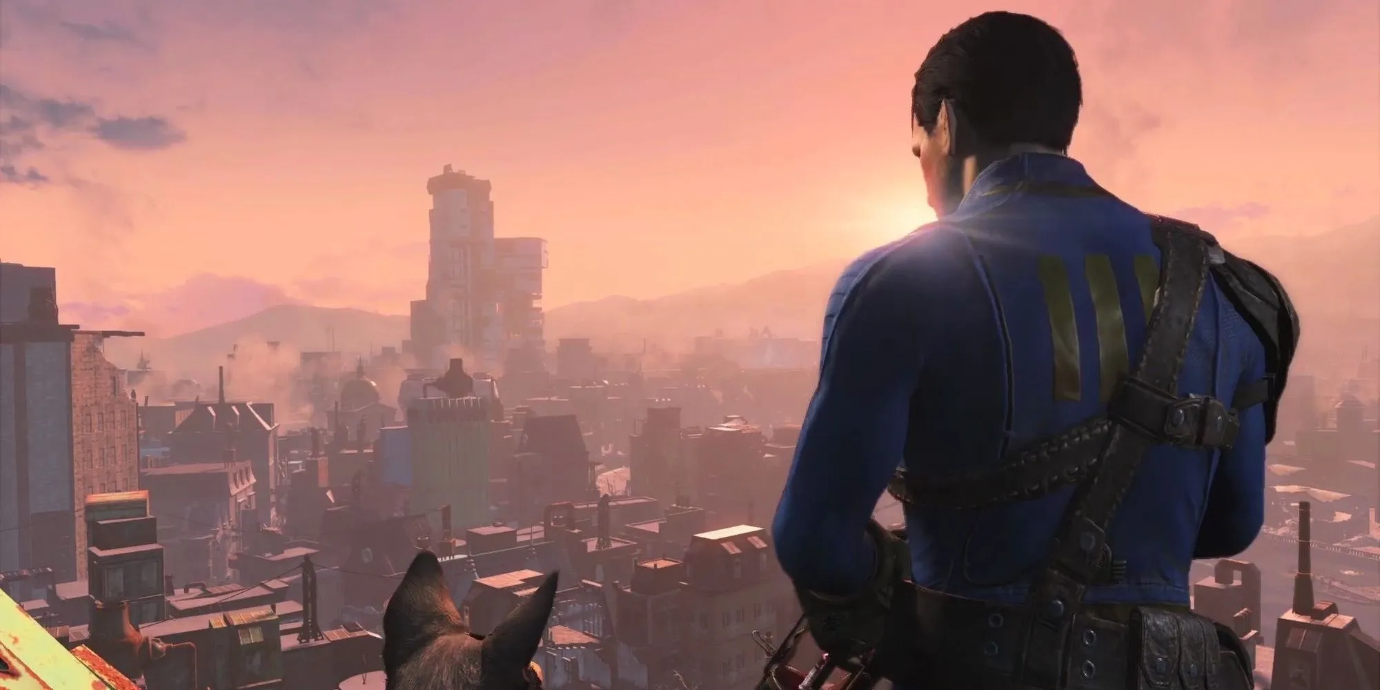 Người sống sót duy nhất và chú chó Dogmeat trong game Fallout 4.