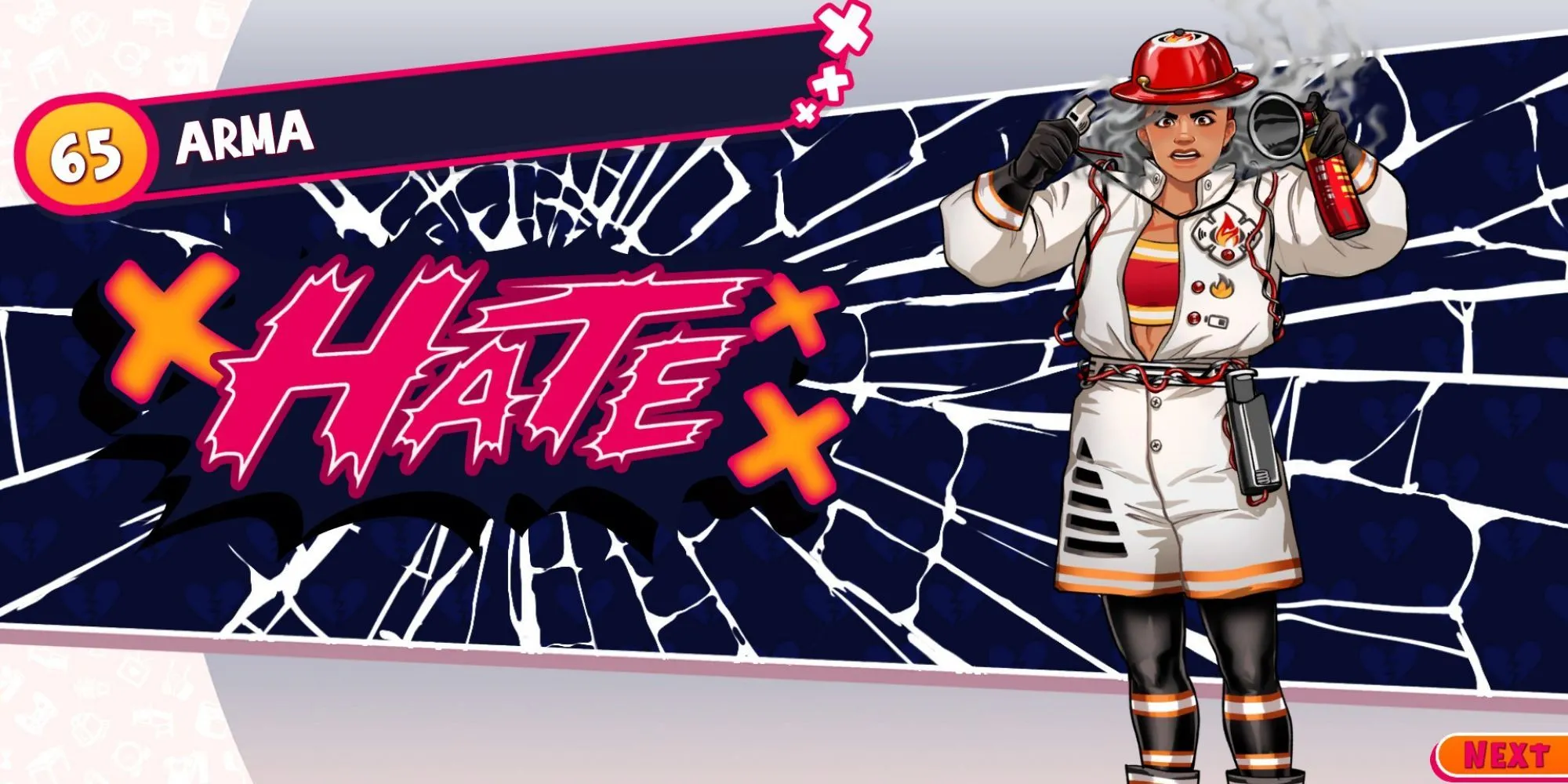 Nhân vật Arma, một máy báo khói được nhân hóa, đang tức giận trong game Date Everything!.