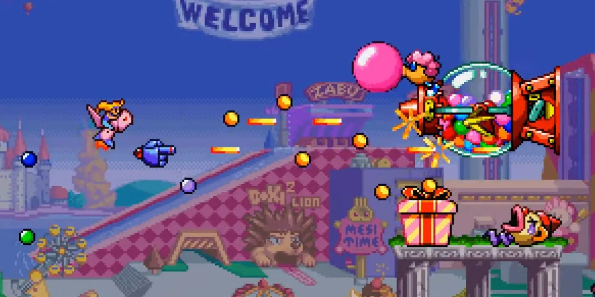 Nhân vật bắn phá các chướng ngại vật kỳ dị trong game bắn súng 'cute 'em up' Harmful Park trên PS1