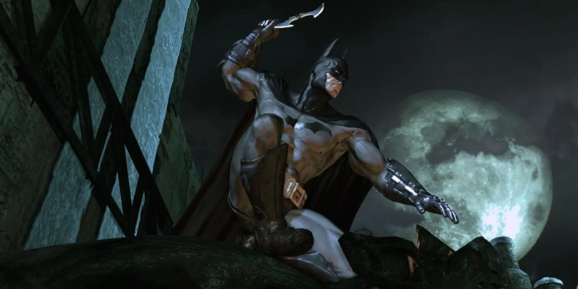 Nhân vật Batman trong bối cảnh u ám, chi tiết của trại tâm thần Arkham trong Batman: Arkham Asylum