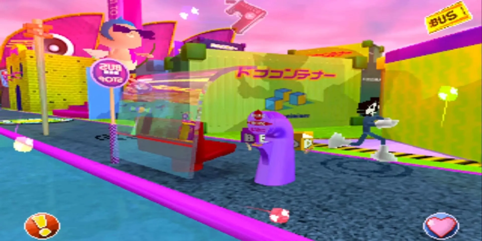 Nhân vật chạy trốn trong môi trường đồ họa độc đáo của game âm nhạc Planet Dob trên PS1