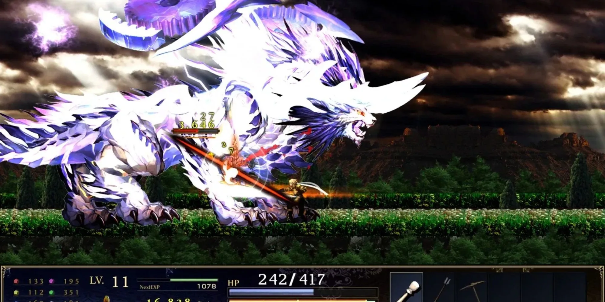 Nhân vật chính Astlibra Revision chiến đấu trong môi trường 2D với đồ họa pixel art