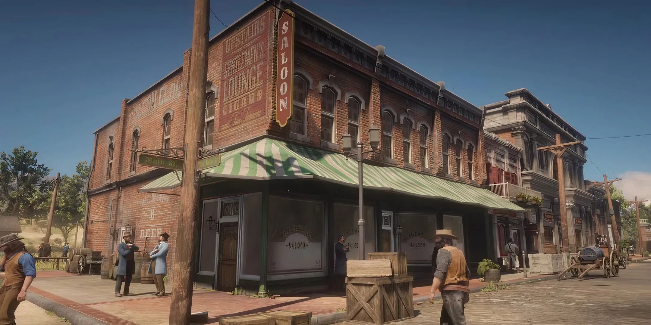 Nhân vật chính đứng trước quán rượu trong thế giới Red Dead Redemption 2
