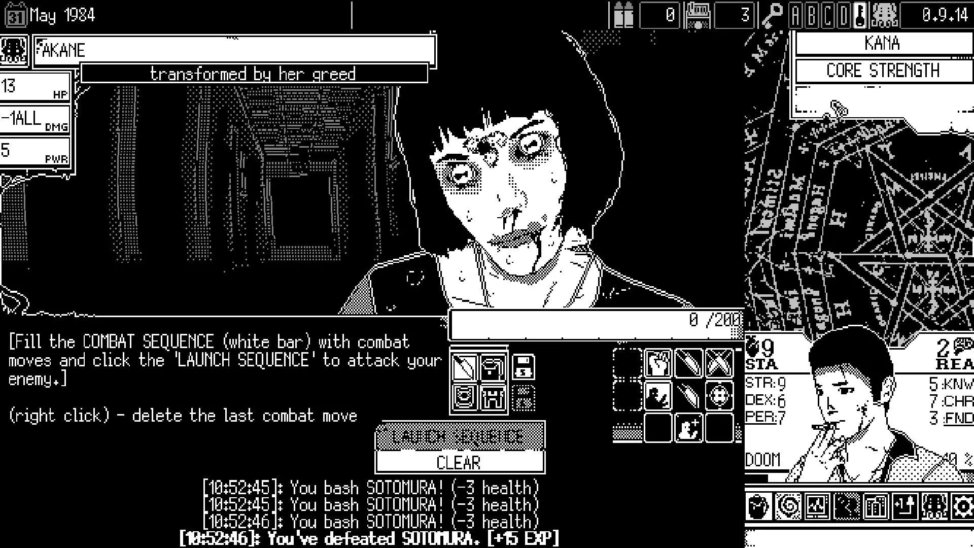 Nhân vật chính khám phá một ngôi trường bị ma ám trong World of Horror, với đồ họa đen trắng ấn tượng.
