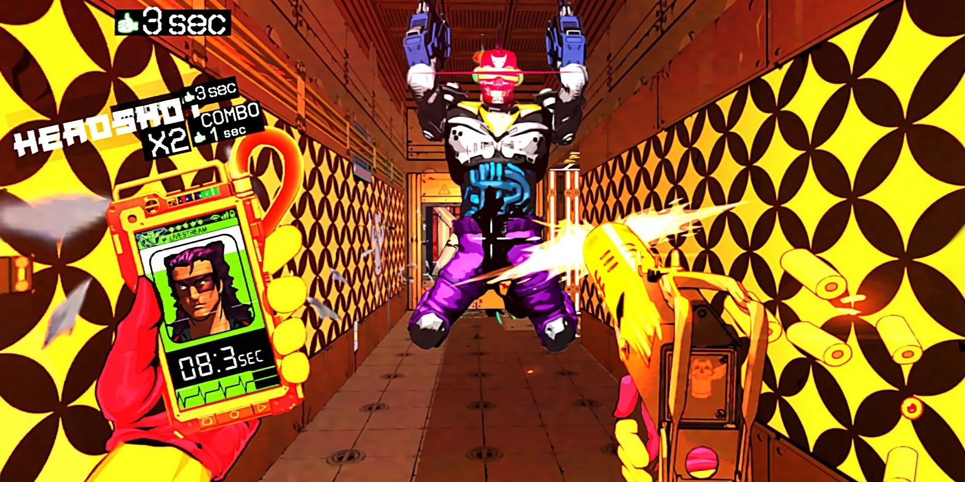 Nhân vật chính MadJack chiến đấu với kẻ thù robot trong môi trường cyberpunk đầy màu sắc của Mullet MadJack