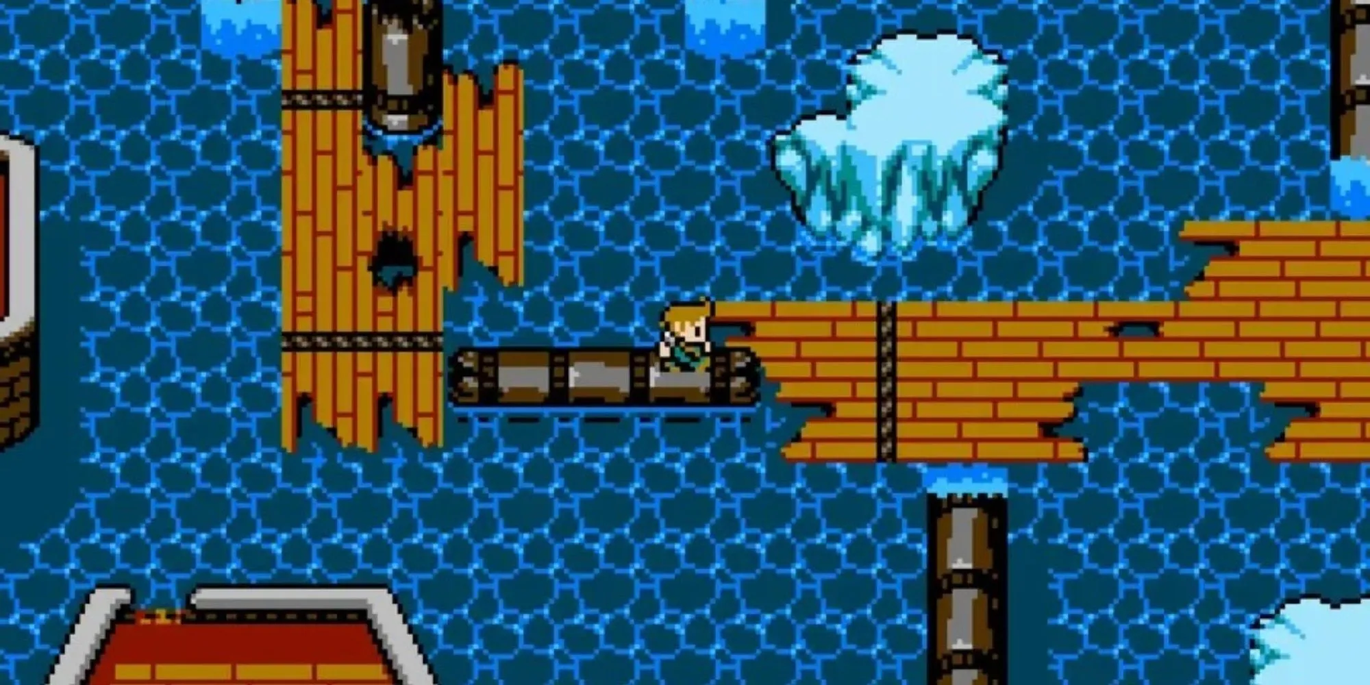 Nhân vật chính trong game 8-Bit Adventures 2 đứng trên một cây cầu trong môi trường pixel art