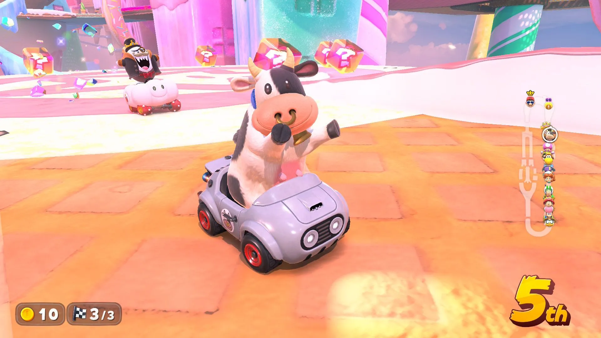 Nhân vật Cow đáng yêu trên đường đua Mario Kart World
