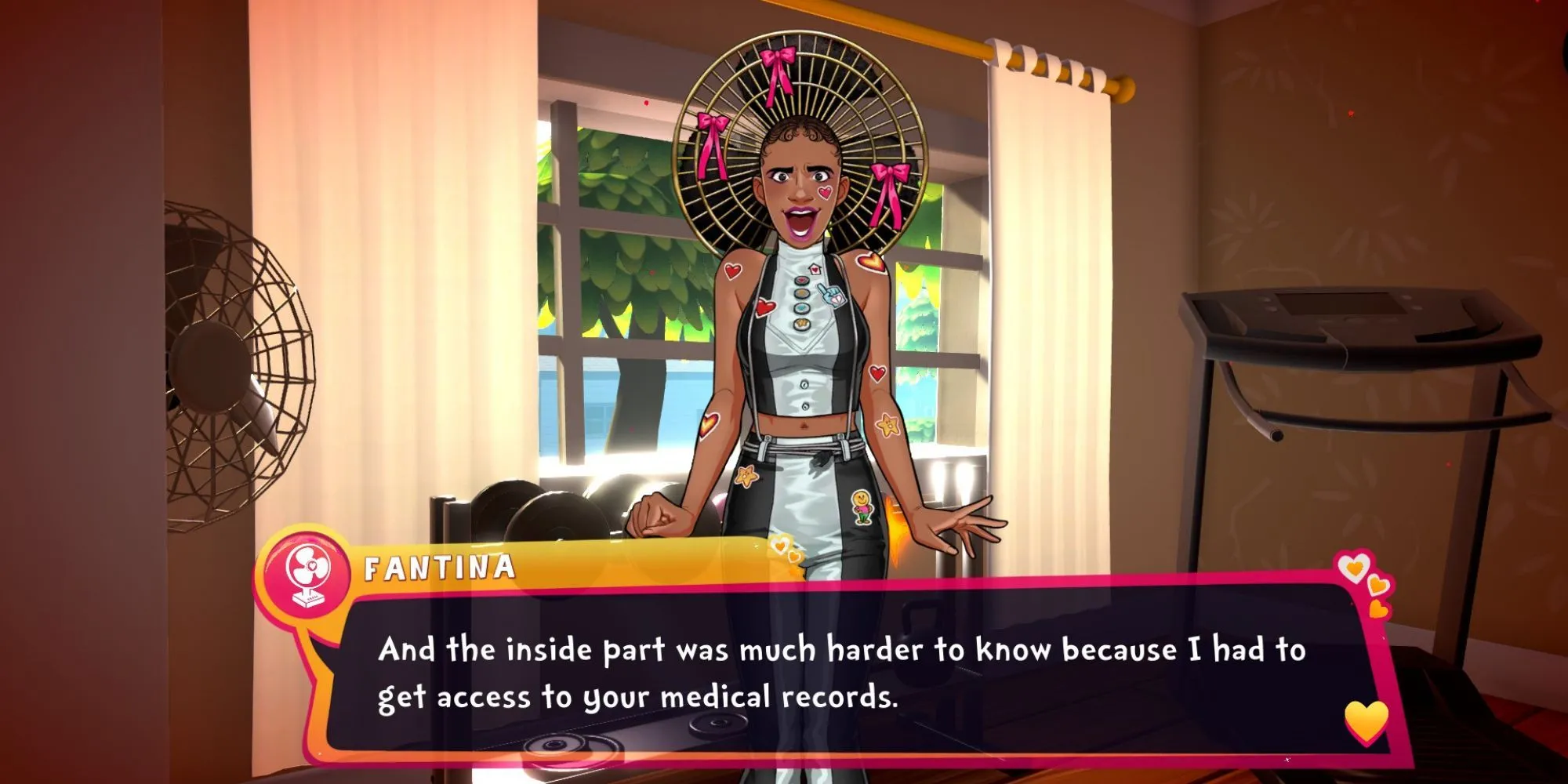 Nhân vật Fantina, một chiếc quạt được nhân hóa, với vẻ ngoài ám ảnh trong game Date Everything!.