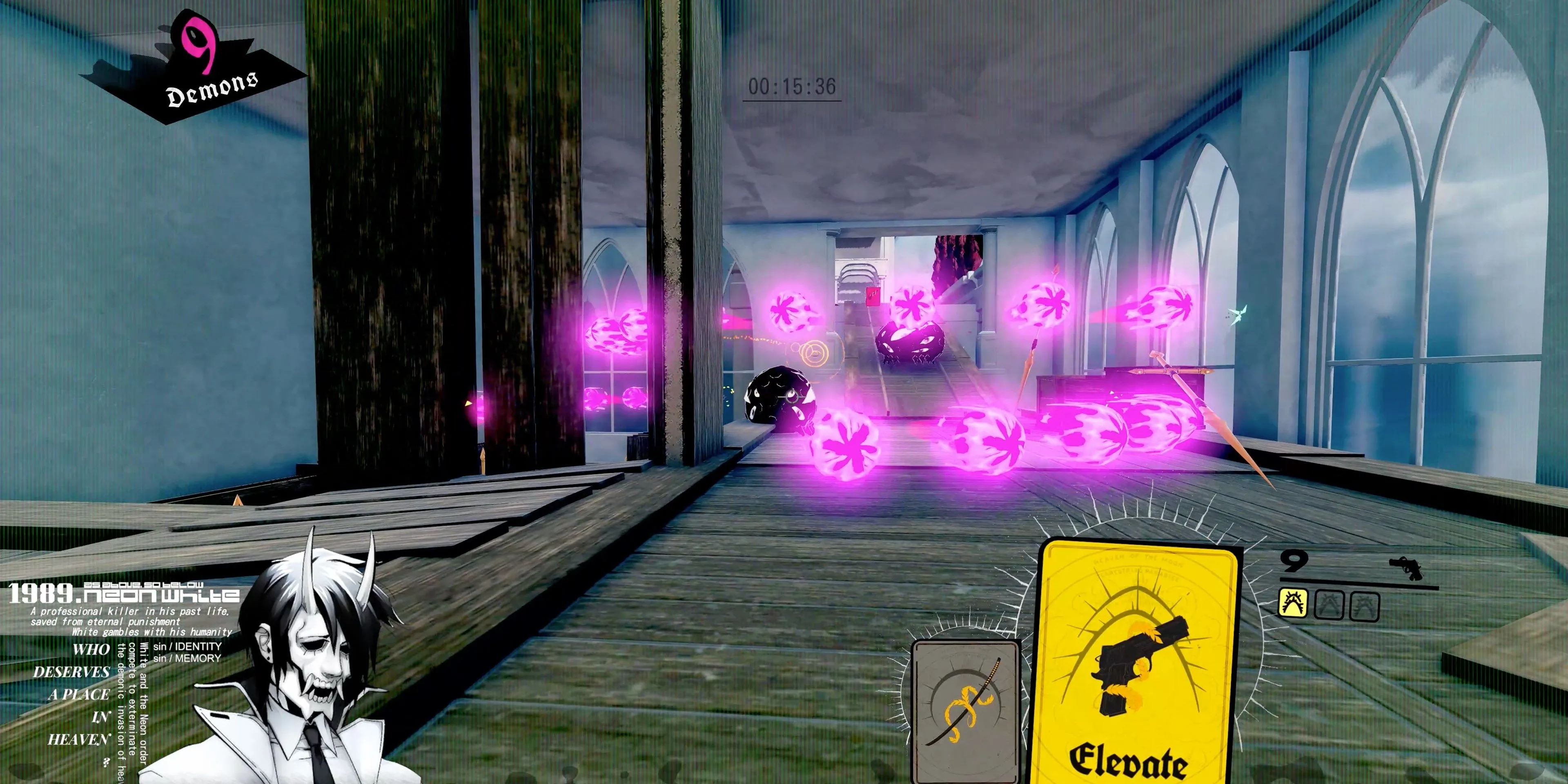 Nhân vật Neon White di chuyển tốc độ cao và né tránh đạn trong một cấp độ của game