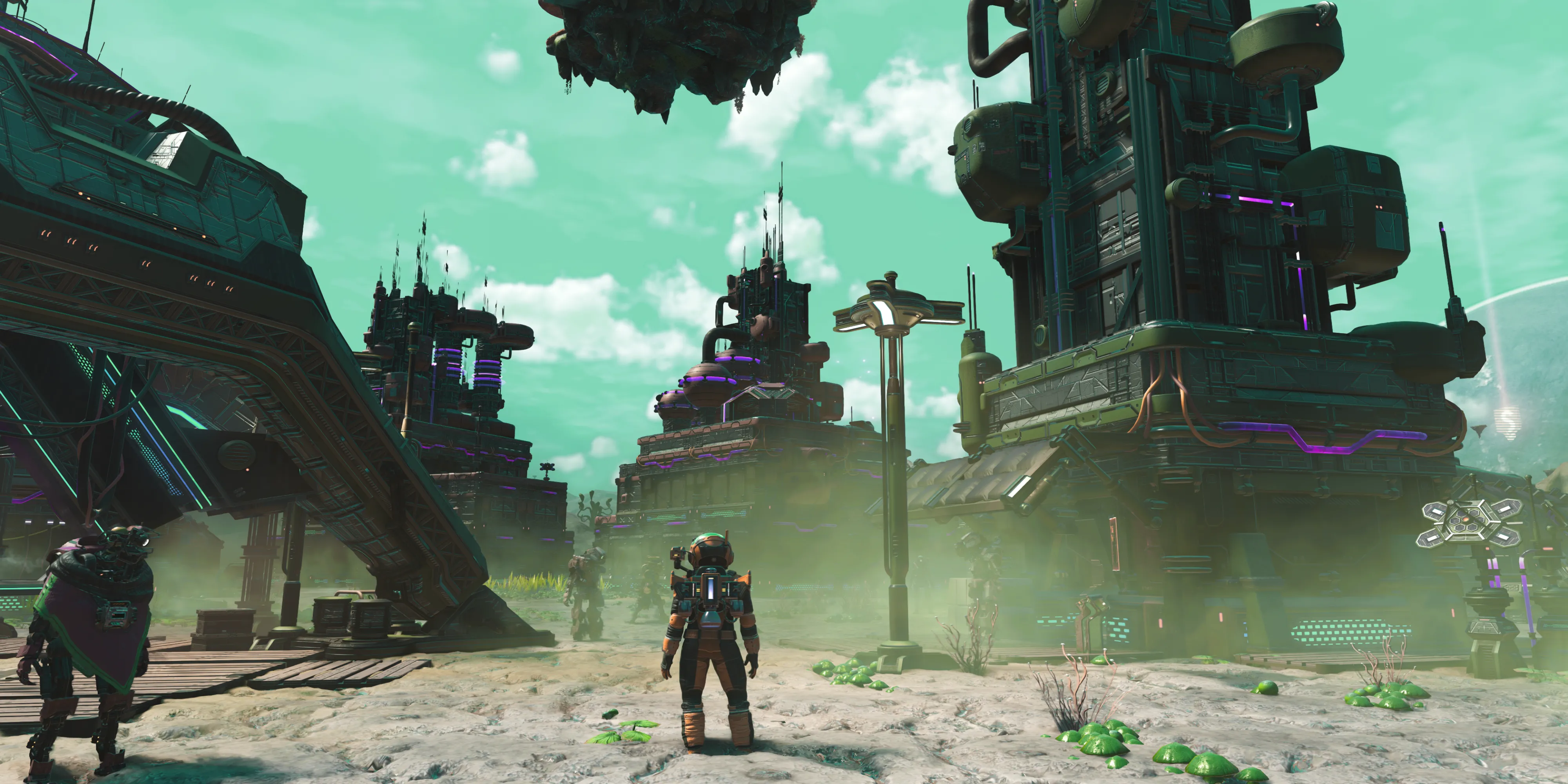 Nhân vật No Man's Sky đứng giữa khu định cư lớn trên một hành tinh