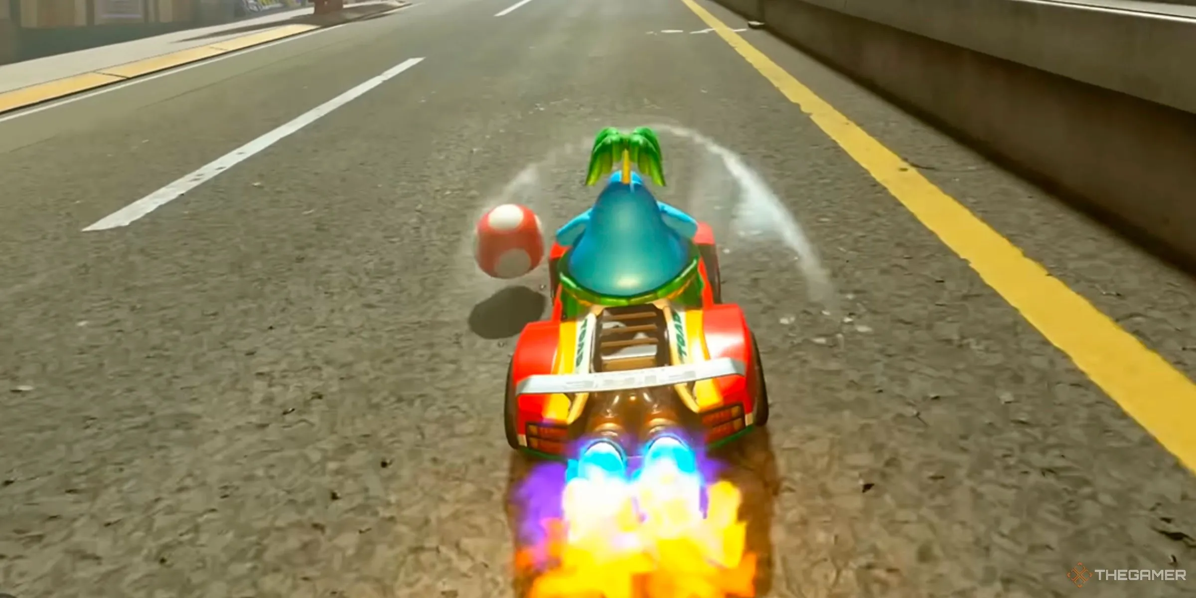 Nhân vật Pianta nhận hiệu ứng Lướt gió từ xe khác trong Mario Kart World