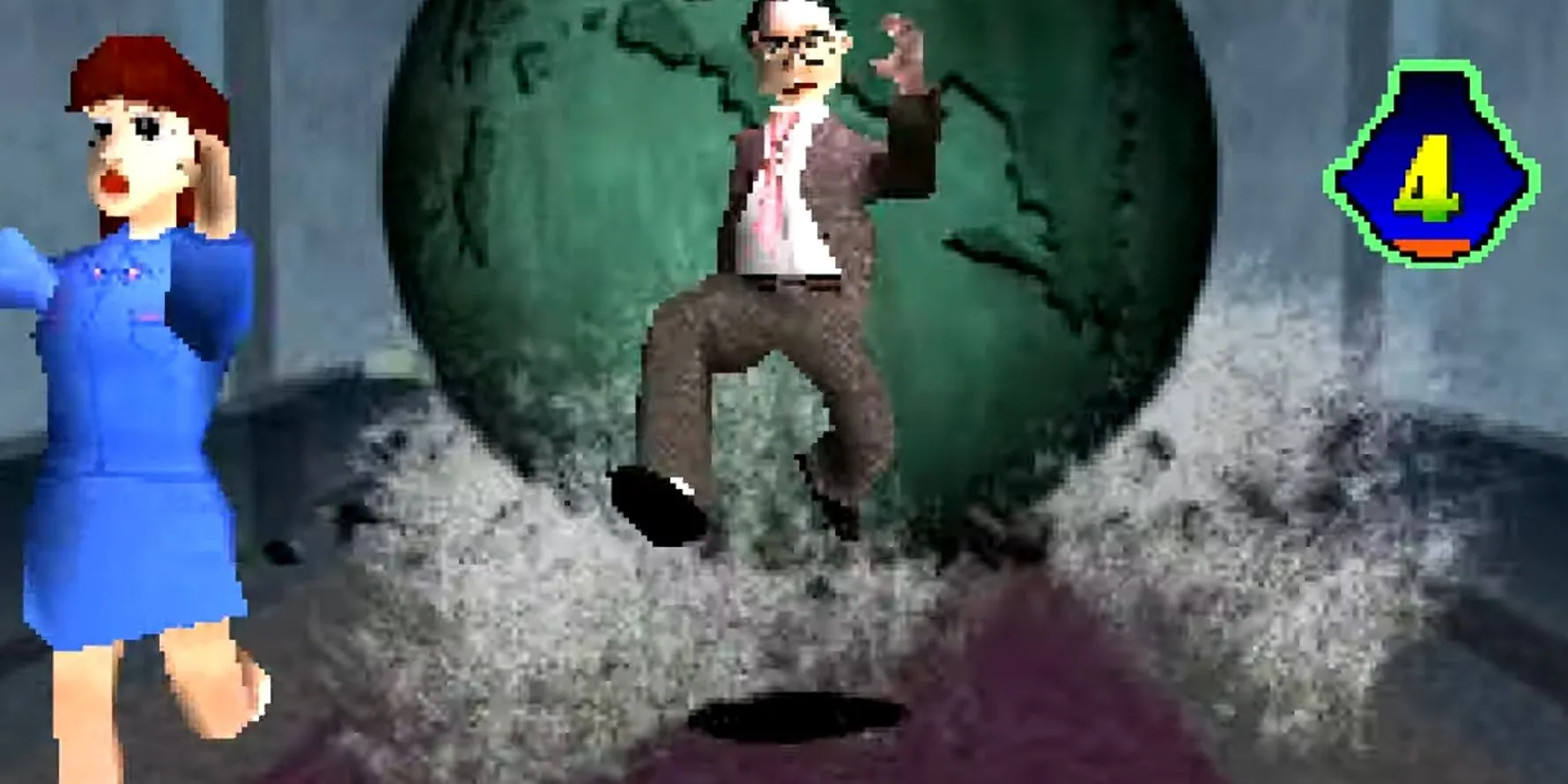 Nhân vật Taneo hoảng loạn chạy trốn khỏi quả địa cầu khổng lồ trong mini-game của Incredible Crisis trên PS1