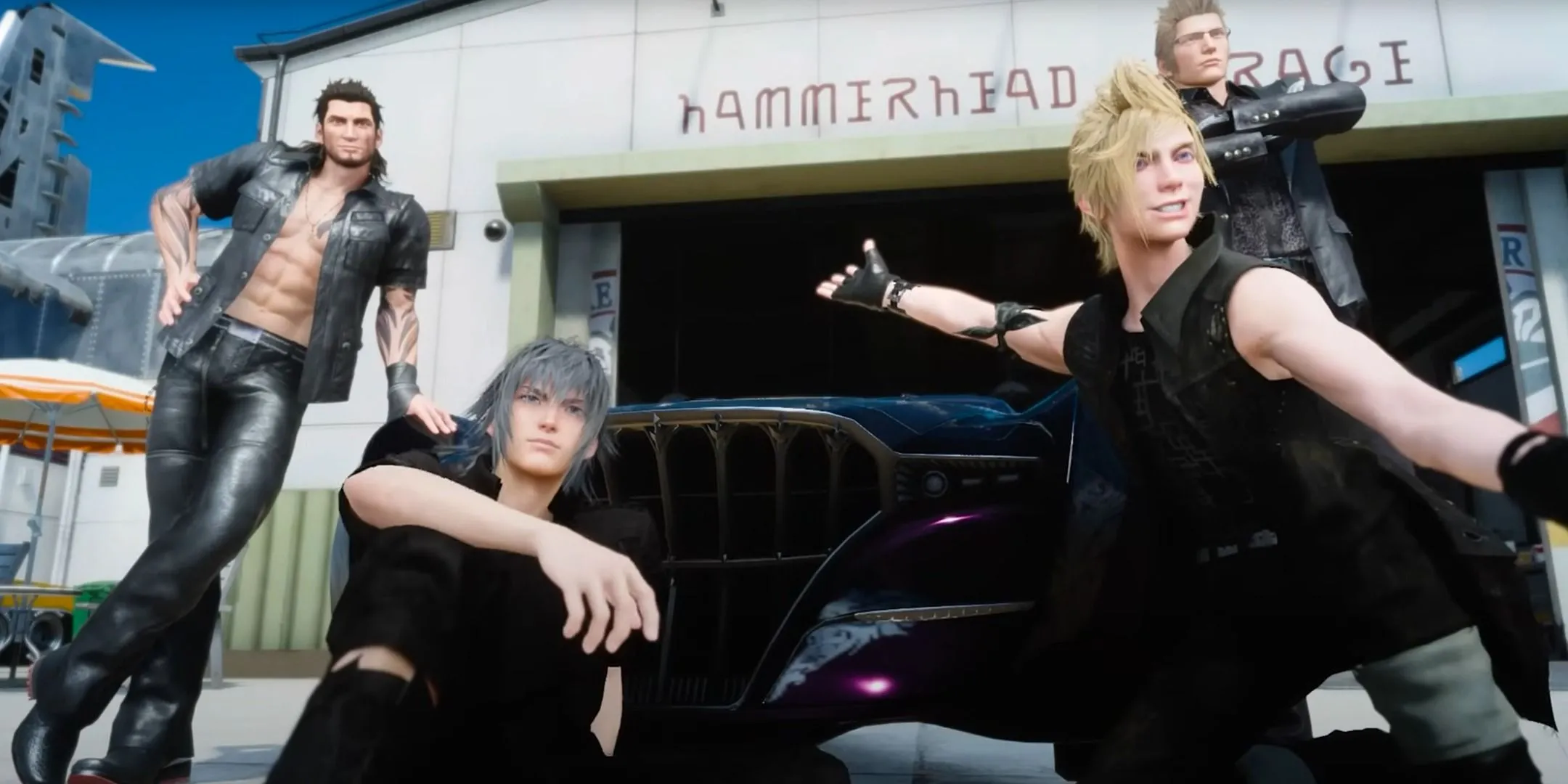 Noctis, Ignis, Gladiolus và Prompto trong một bức ảnh nhóm tại Final Fantasy 15