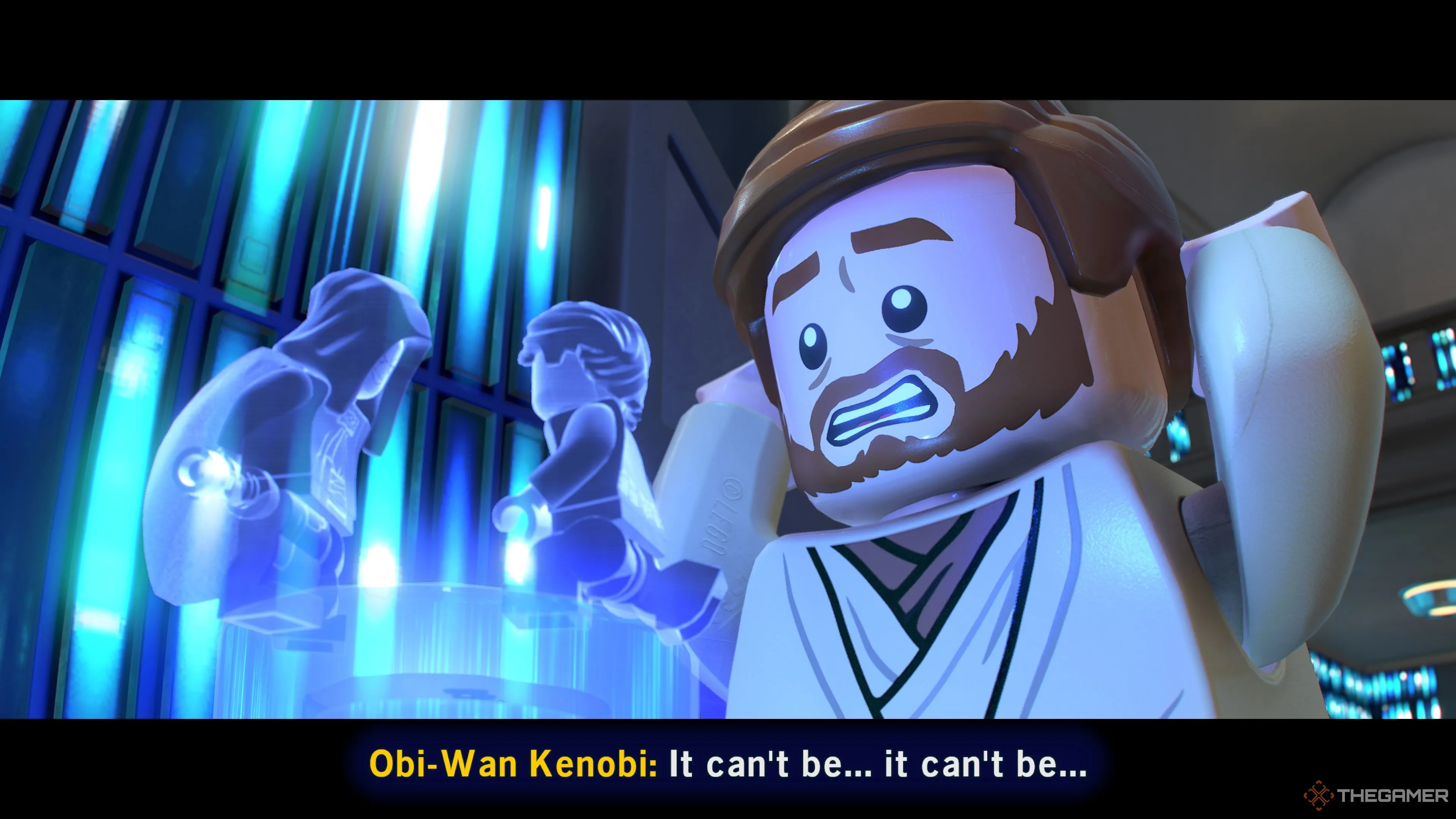 Obi-Wan Kenobi chứng kiến cảnh Darth Sidious phong tước Darth Vader cho Anakin trong Lego Star Wars The Skywalker Saga