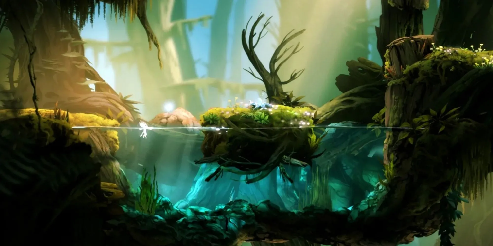Ori và Naru trong khung cảnh rừng Nibel tươi đẹp của game Metroidvania phiêu lưu Ori and the Blind Forest