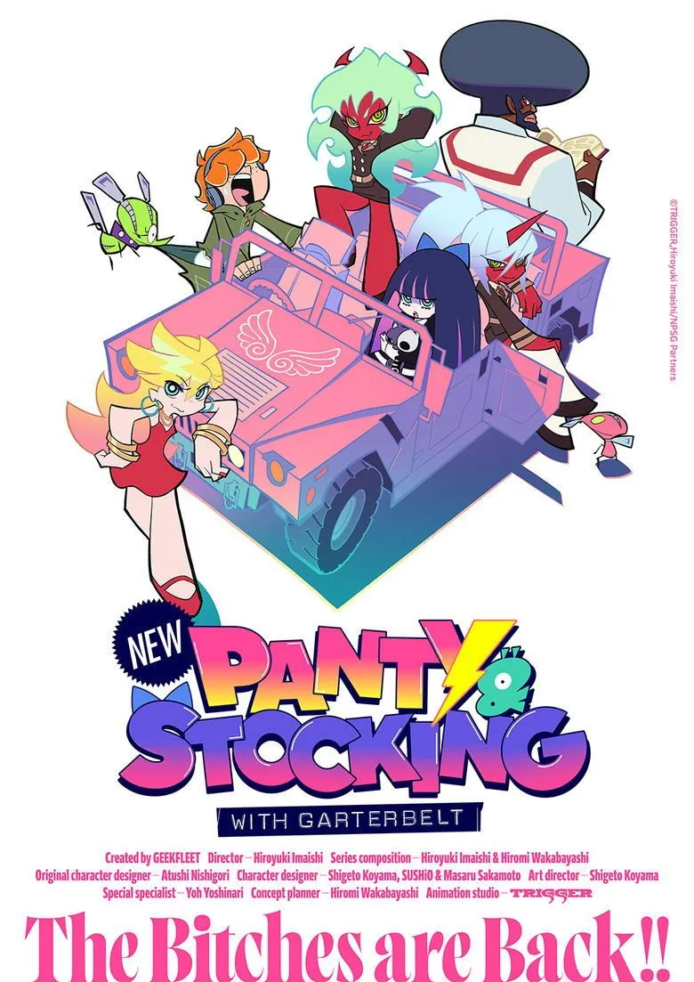 Panty và Stocking trong hình ảnh quảng bá cho series anime mới, thể hiện phong cách hài hước và độc đáo.