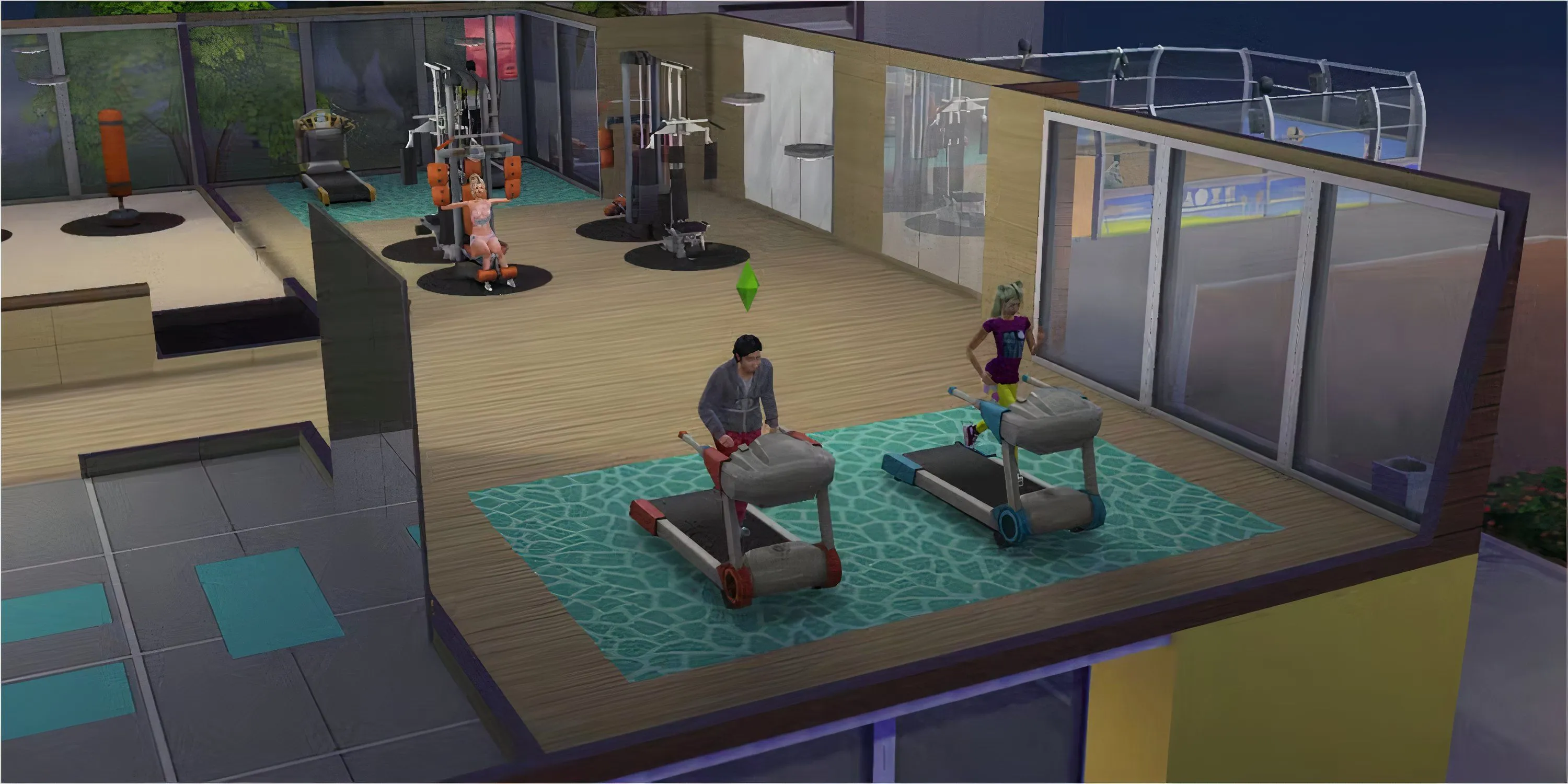 Phòng gym Pectoral Fitness hiện đại với hồ bơi và khu vực tập luyện rộng rãi trong The Sims 4.