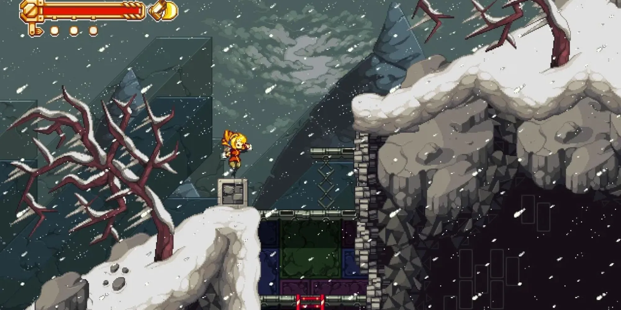 Robin, nhân vật thợ cơ khí trong game Metroidvania đồ họa pixel Iconoclasts