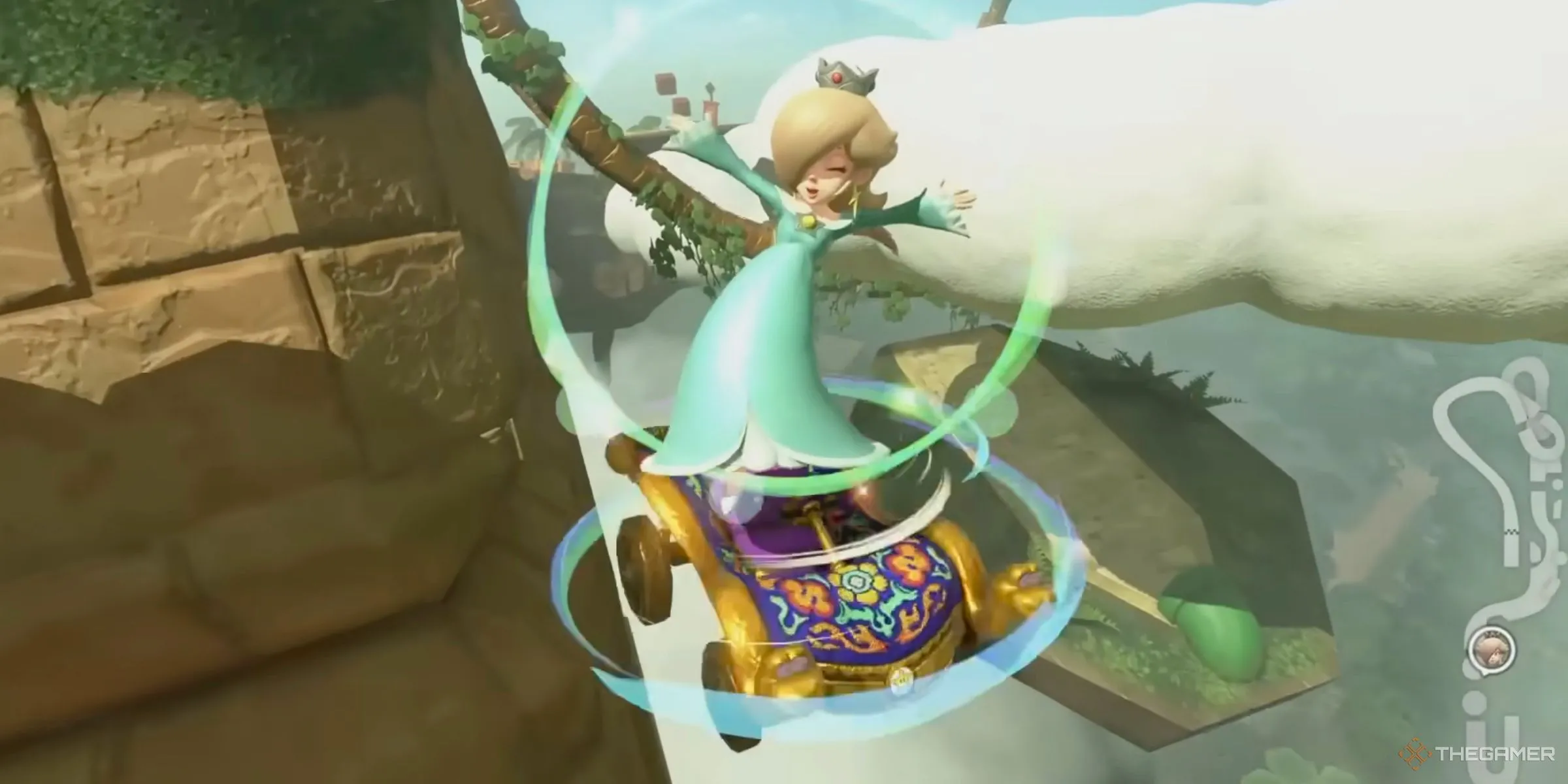 Rosalina thực hiện Nhảy Charge để vượt qua chướng ngại trong Mario Kart World