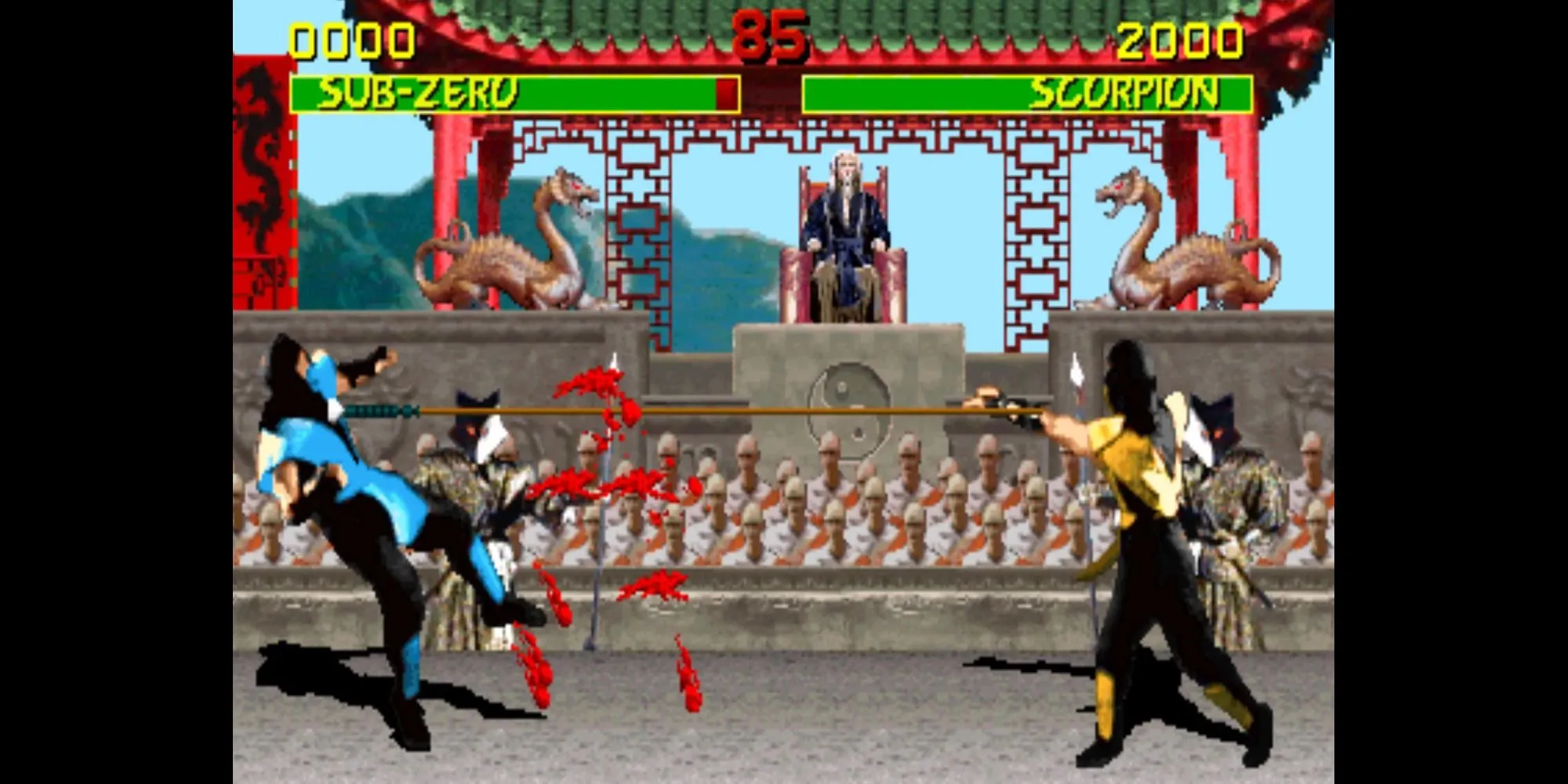 Screenshot trận đấu trong game đối kháng Mortal Kombat (1992) với đồ họa số hóa diễn viên thật