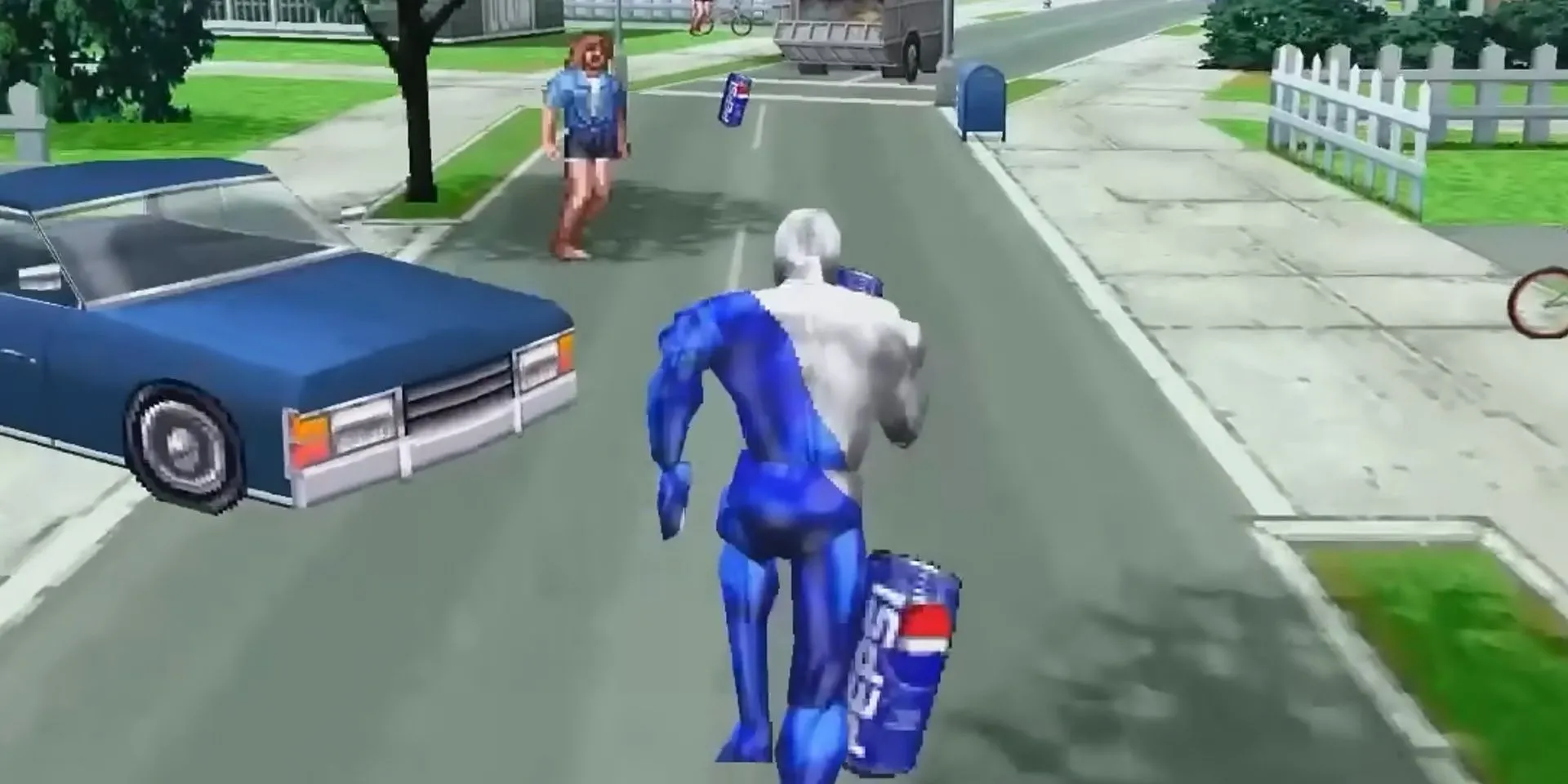 Siêu anh hùng Pepsiman đang chạy hết tốc lực trên đường trong game endless runner Pepsiman trên PS1