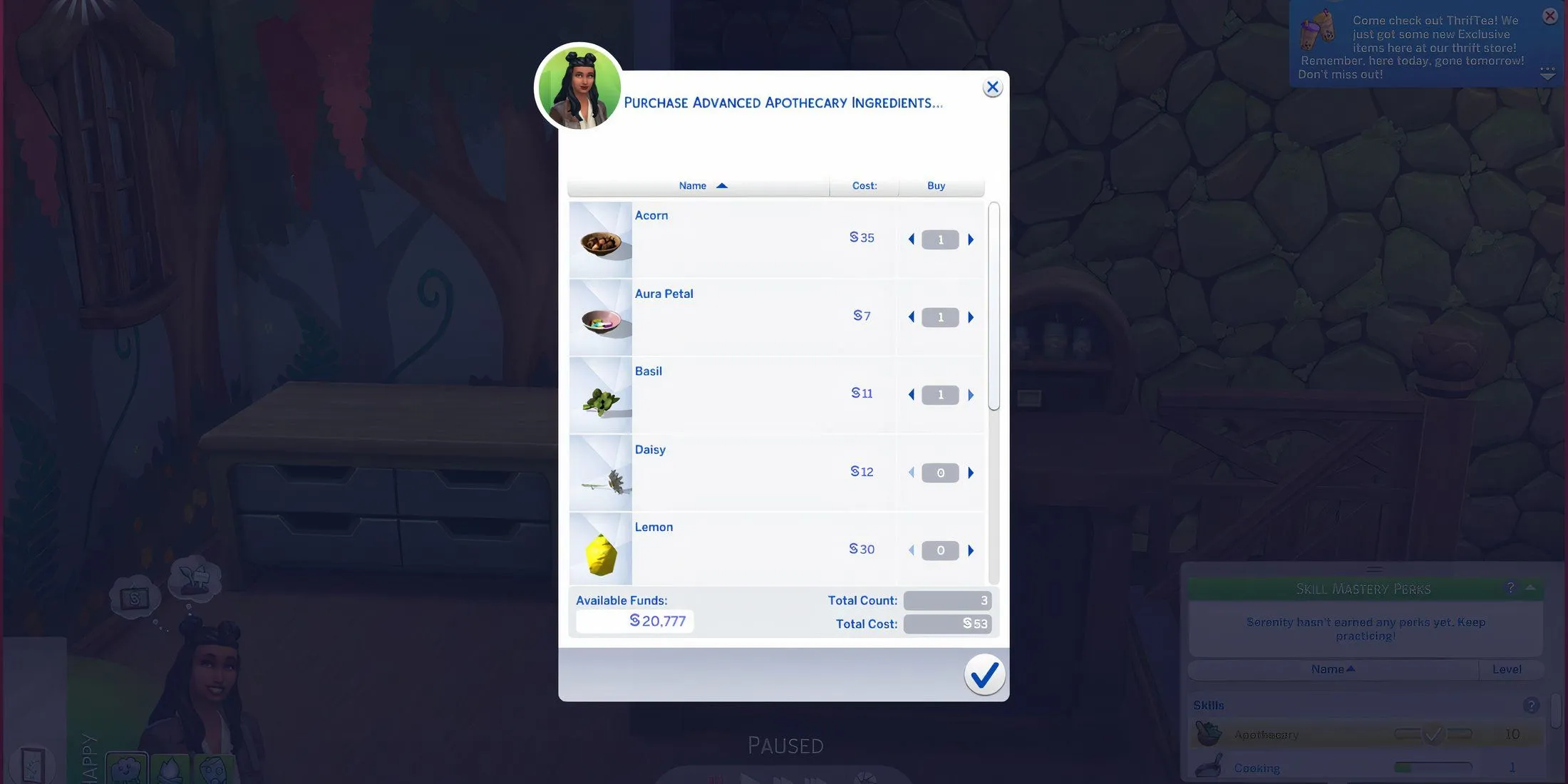 Sim đang đứng trước Bàn Bào Chế Thuốc (Apothecary Table) trong The Sims 4, sẵn sàng chế tạo các loại thuốc từ Cánh Hoa Aura